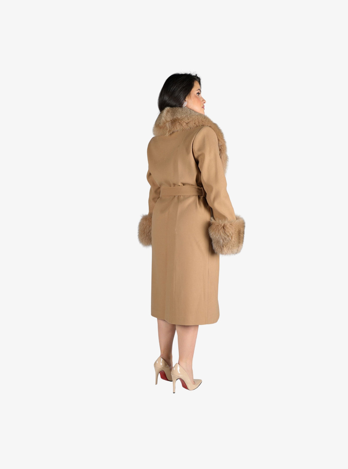 Palton lung din lana Naturala accesorizat cu Blana Naturala de Vulpe, Camel