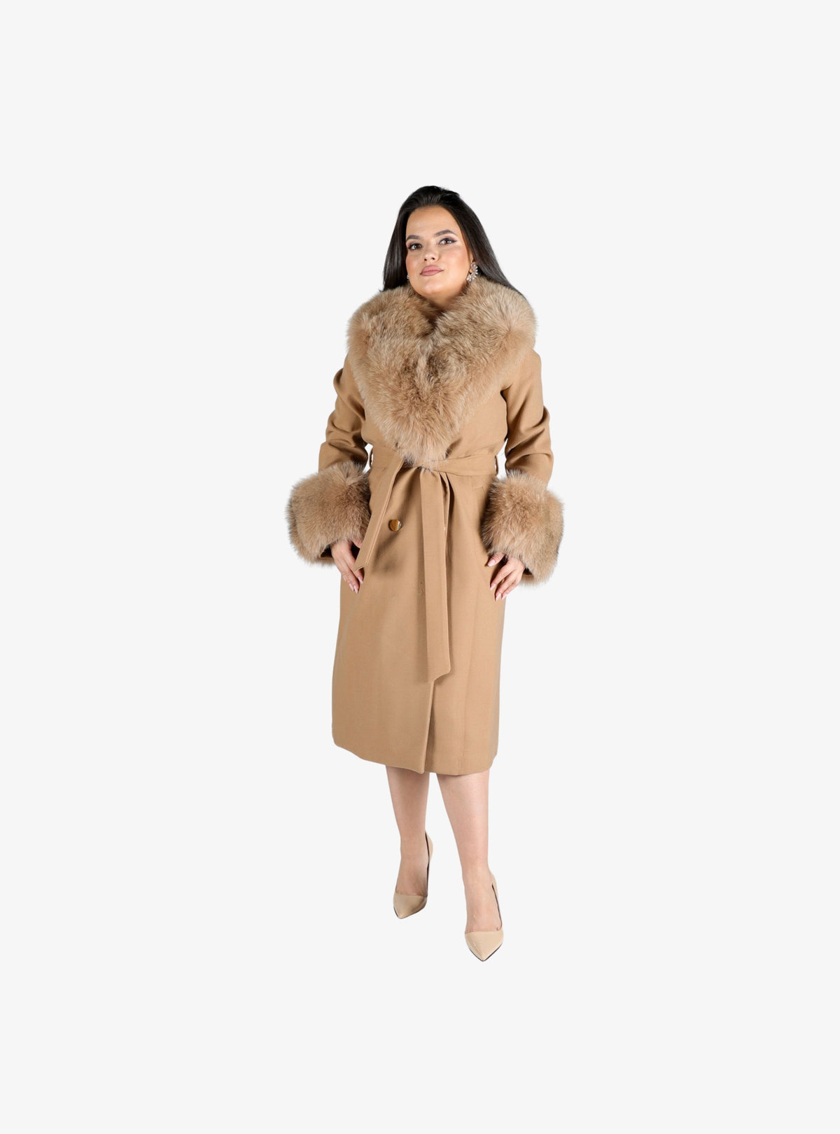 Palton lung din lana Naturala accesorizat cu Blana Naturala de Vulpe, Camel