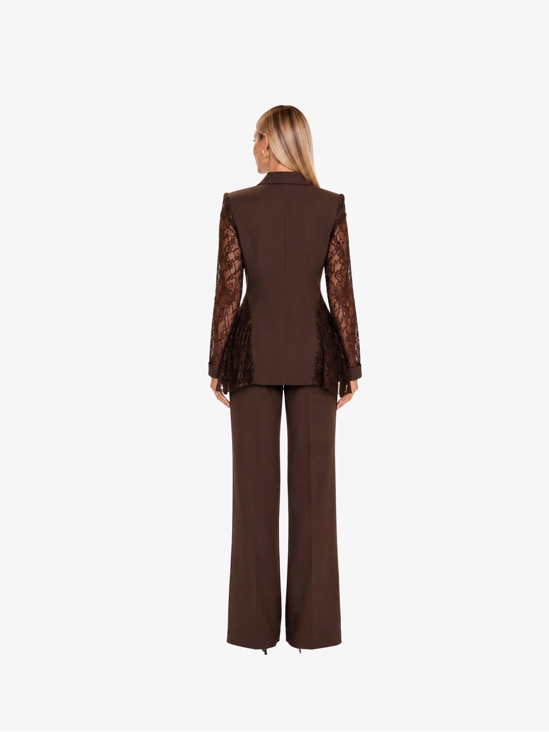Costum Elegant, cu aplicații din Dantela, Ciocolatiu
