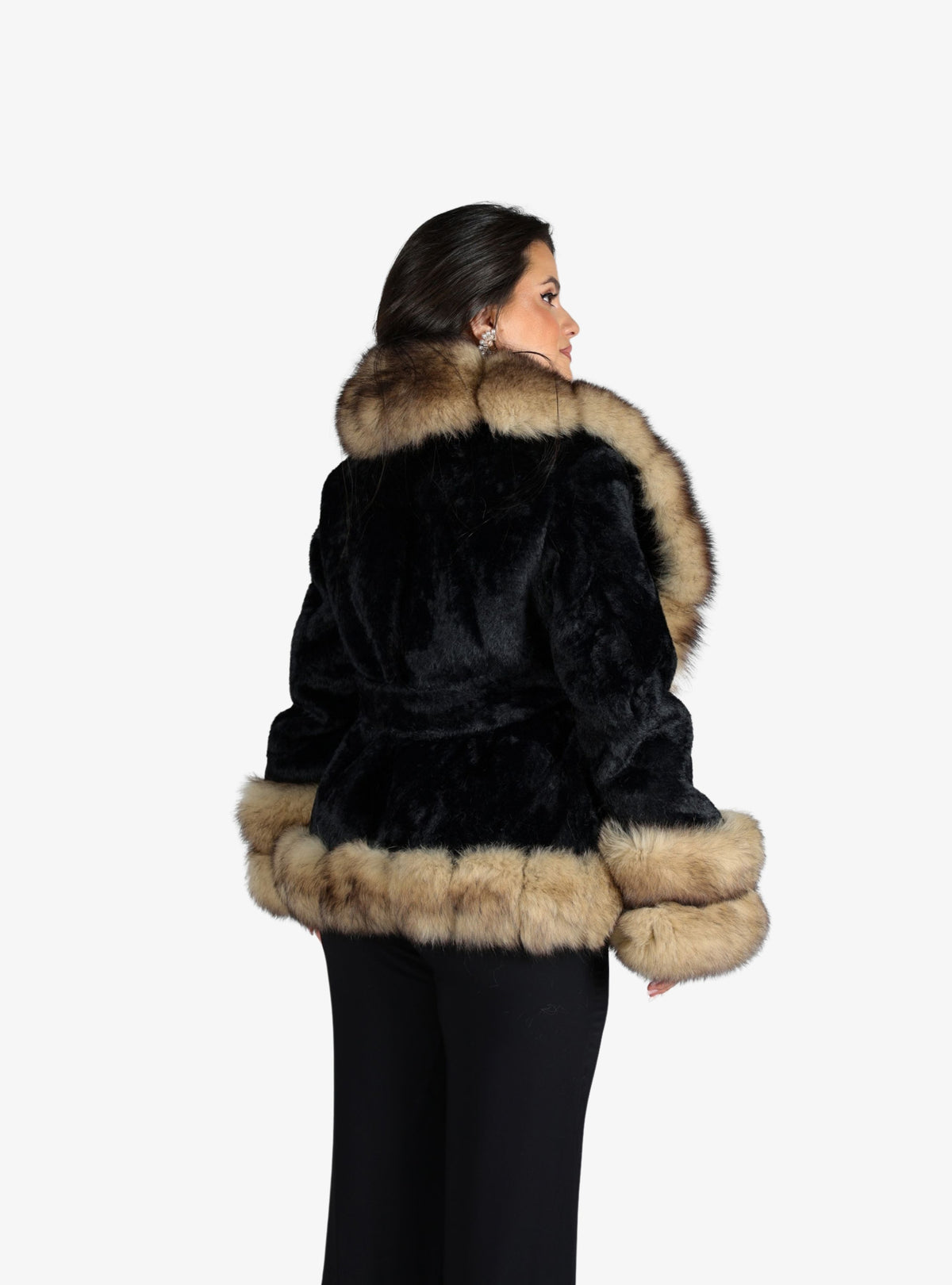 Haina din Blana Alcantara, accesorizata cu Blana de Vulpe, Negru Cappuccino