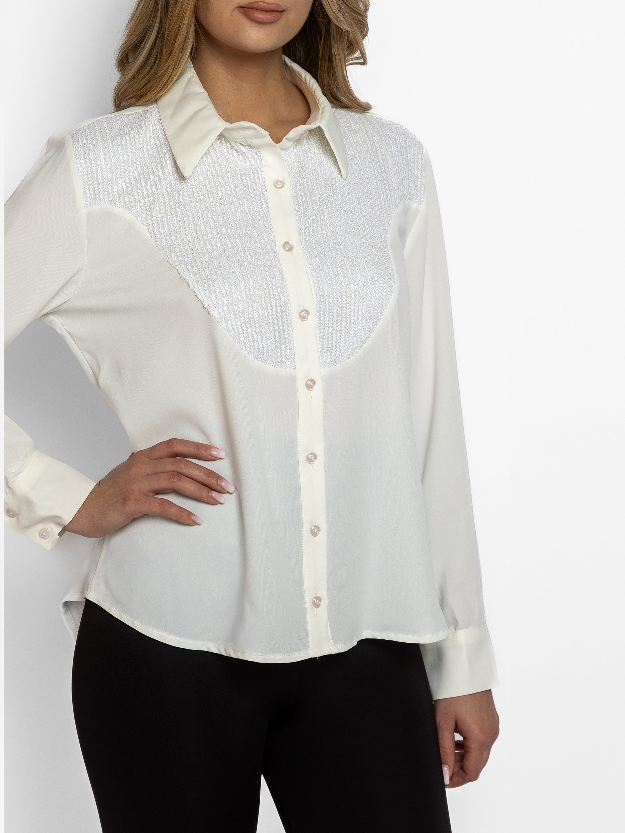 Camașă cu decolteu in V din Bumbac si Paiete "Elly", Alba