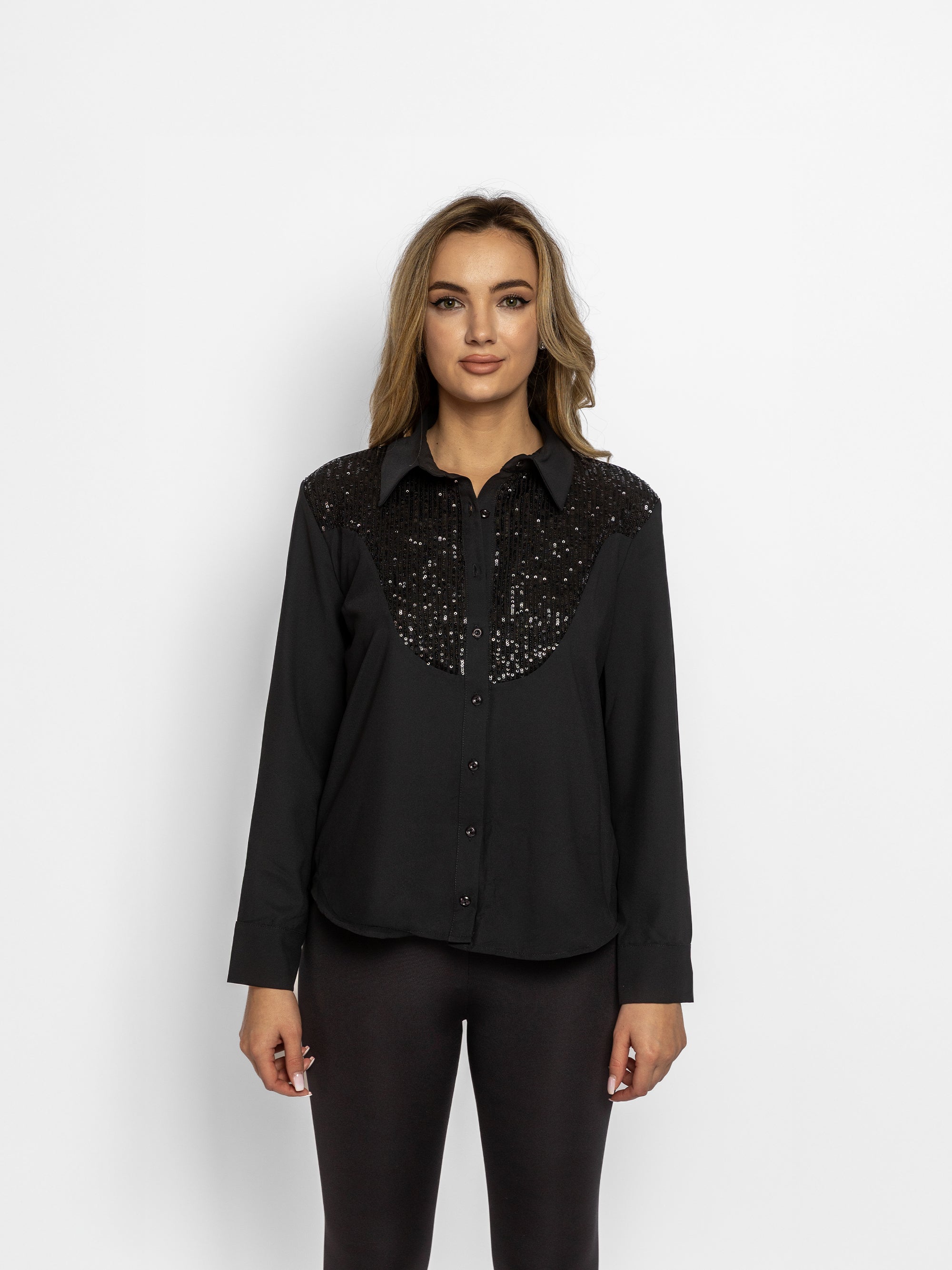 Camașă cu decolteu in V din Bumbac si Paiete "Elly", Neagra