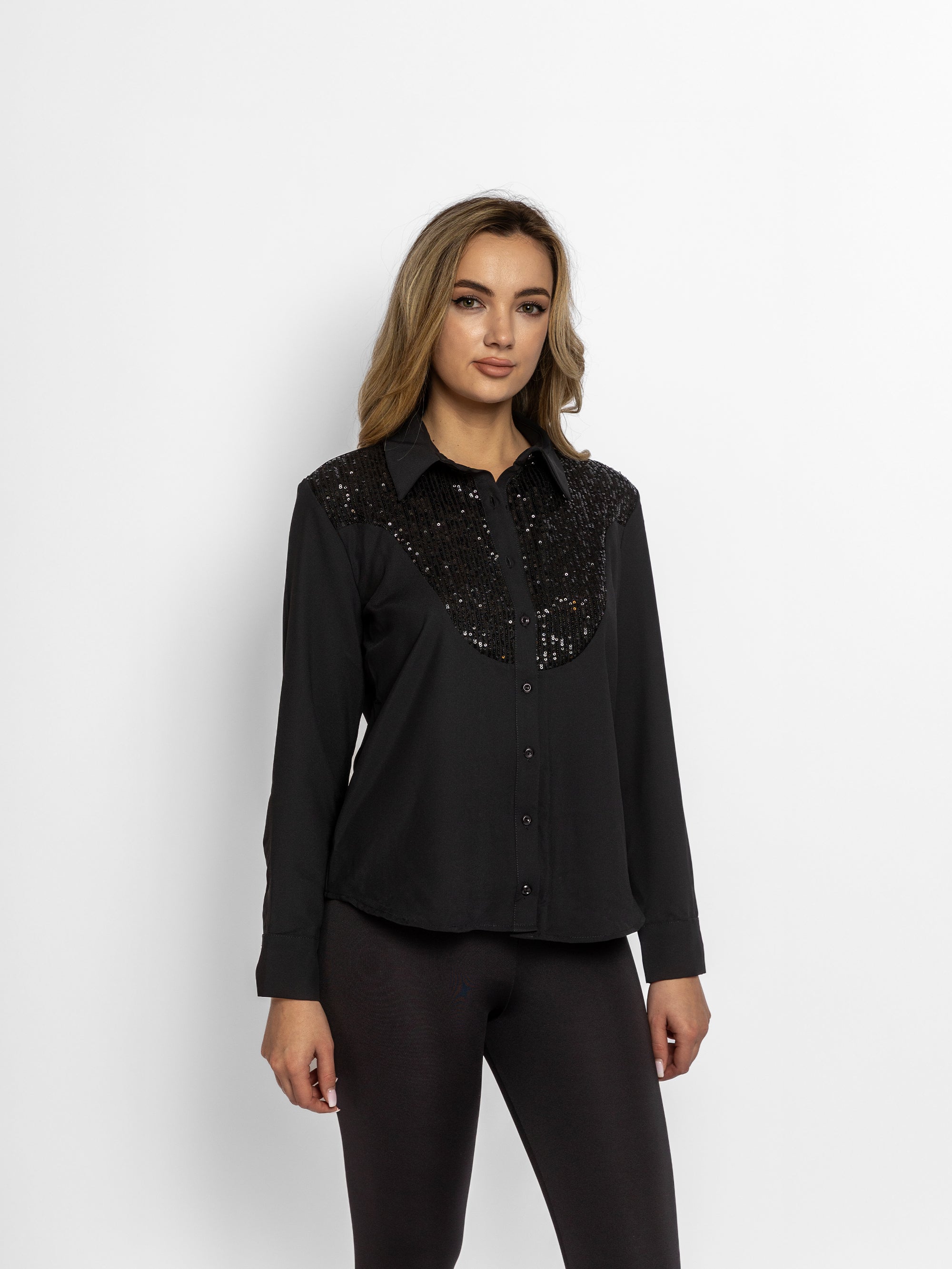 Camașă cu decolteu in V din Bumbac si Paiete "Elly", Neagra