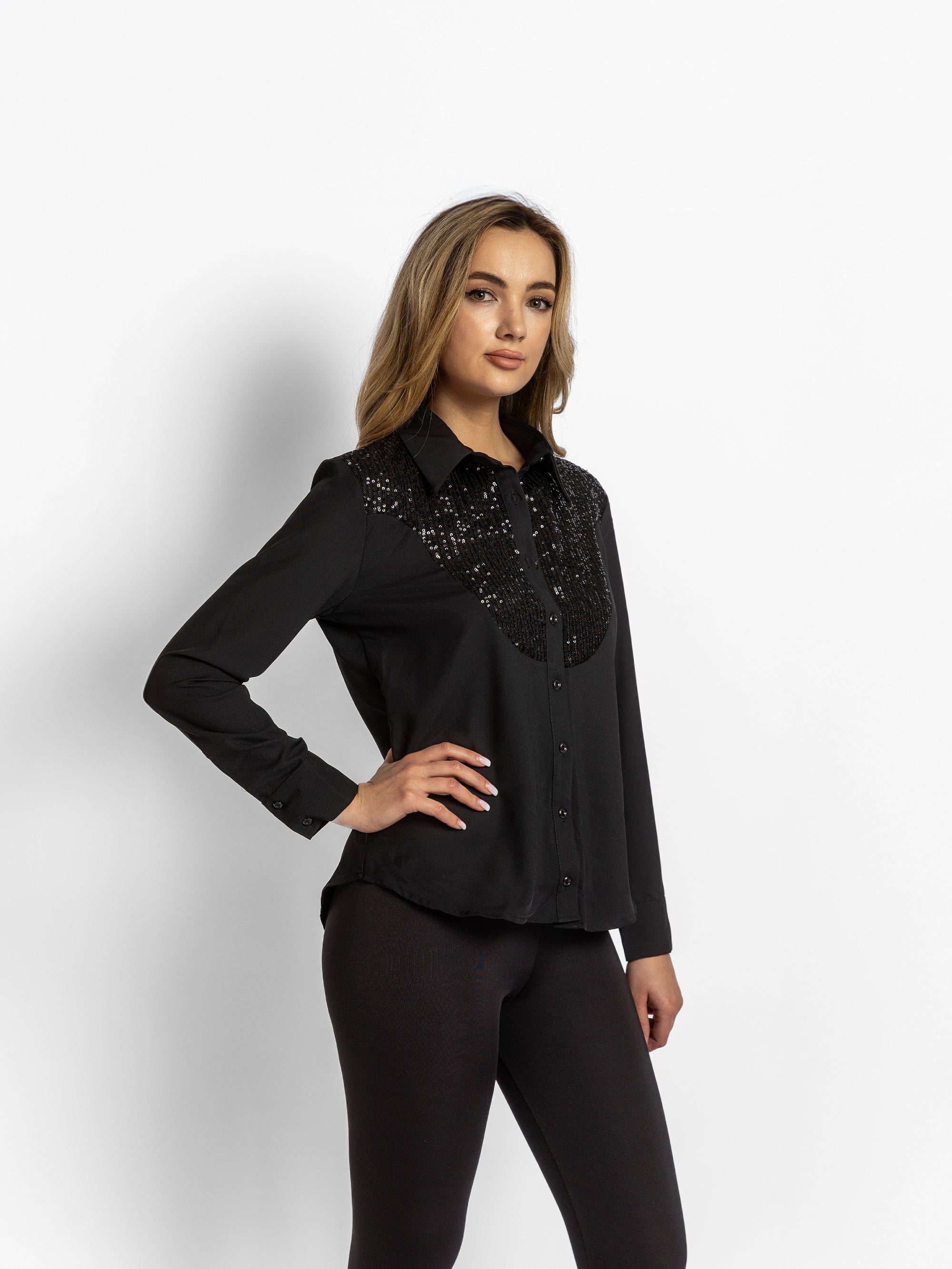 Camașă cu decolteu in V din Bumbac si Paiete "Elly", Neagra