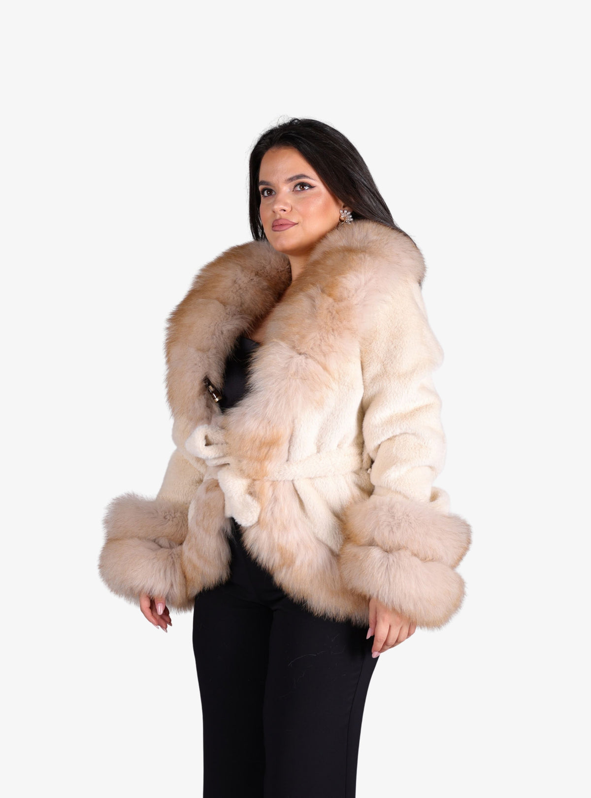 Haina din Blana Alcantara, accesorizata cu Blana de Vulpe, Champagne