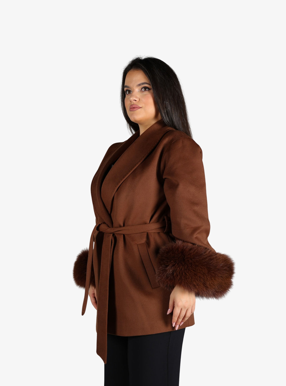 Haina din Casmir cu Blana de Vulpe Naturala, Caramel