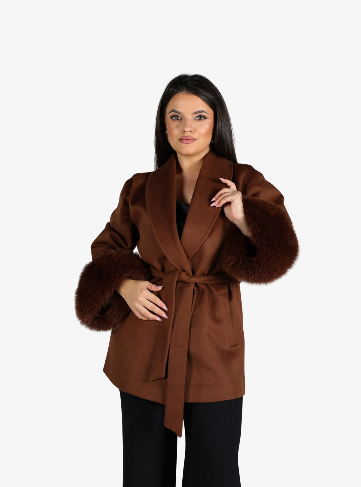 Haina din Casmir cu Blana de Vulpe Naturala, Caramel