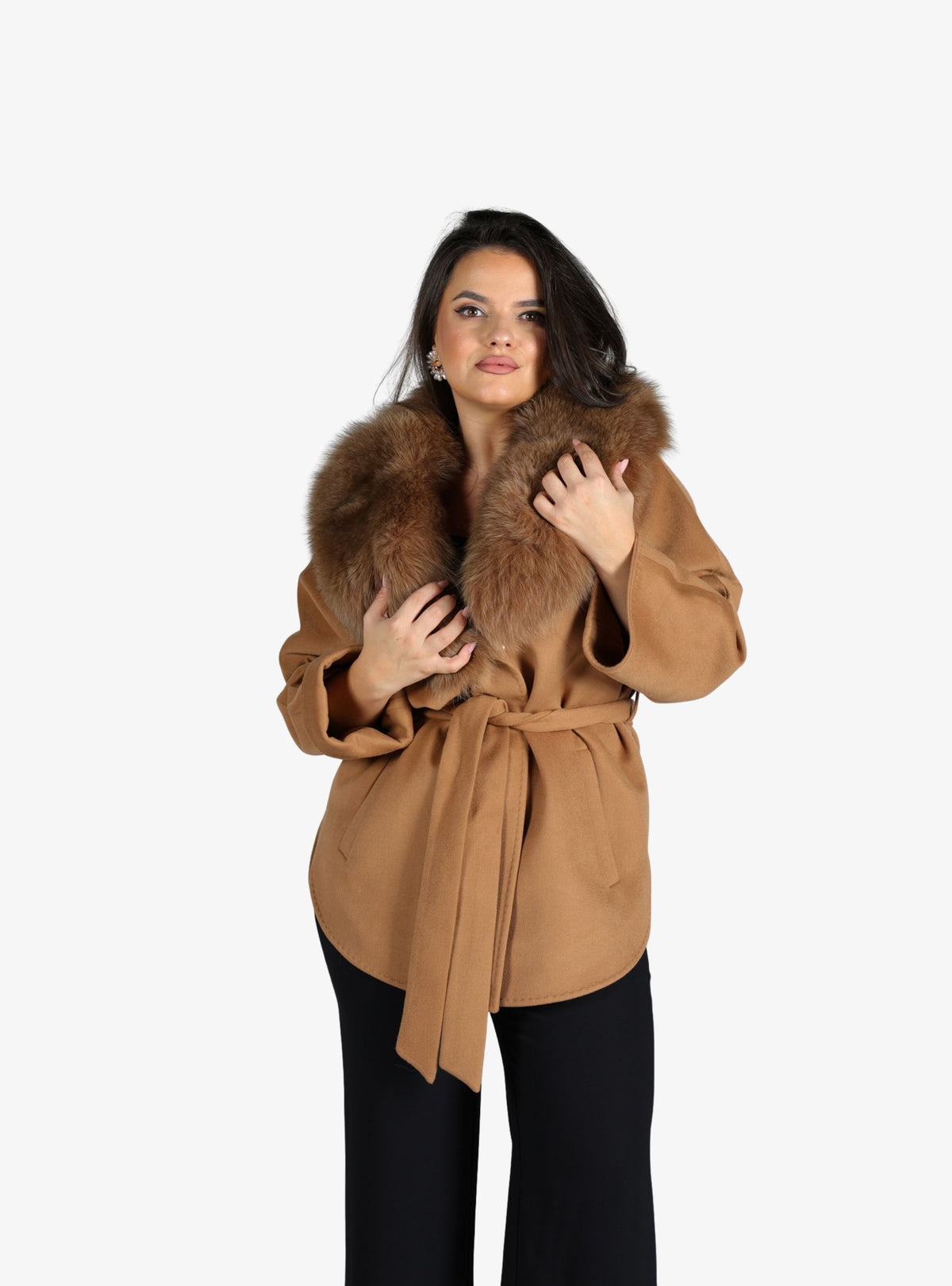 Haina din Casmir cu Blana de Vulpe Naturala, Camel