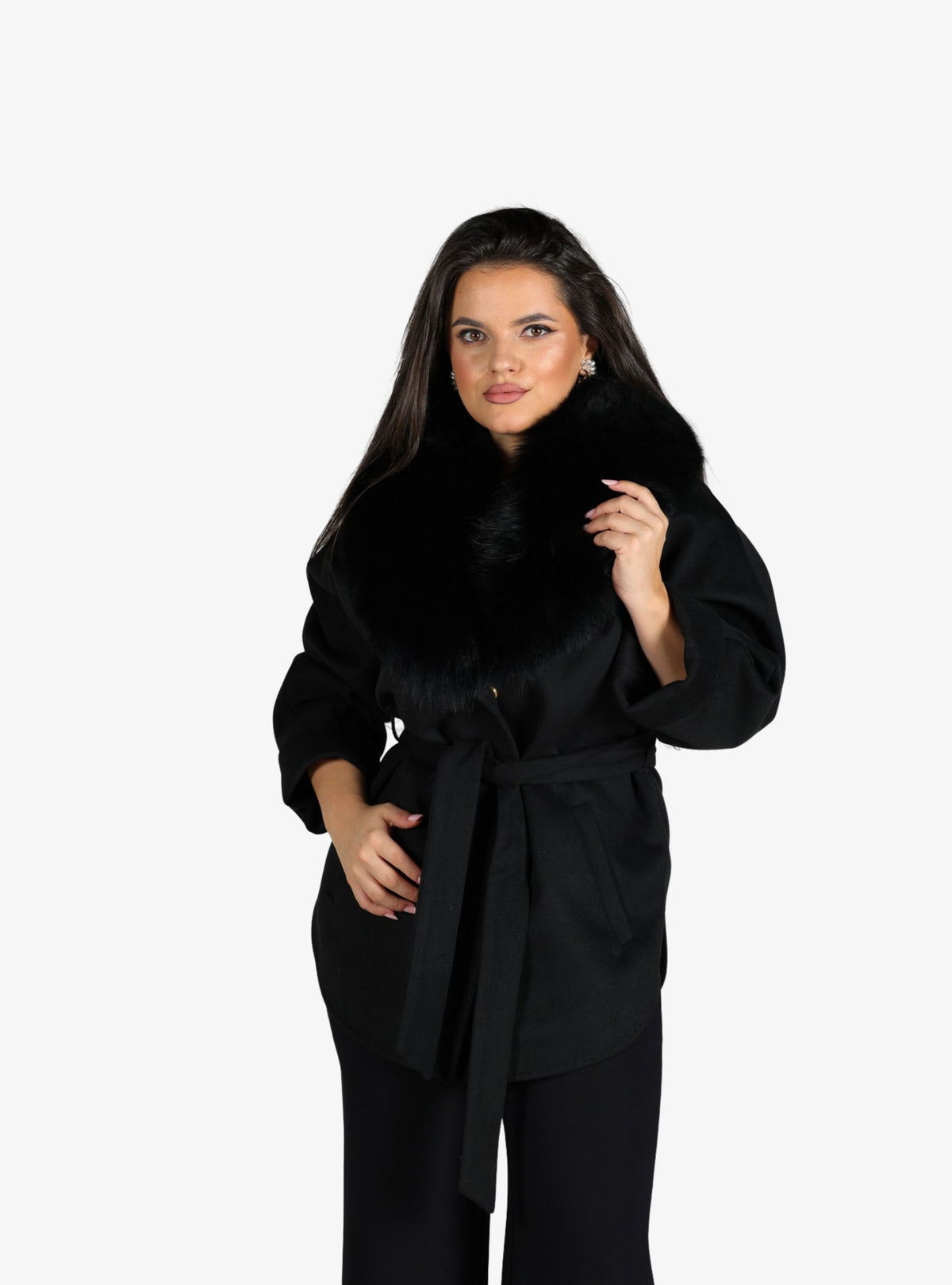 Haina din Casmir cu Blana de Vulpe Naturala, Negru Abanos
