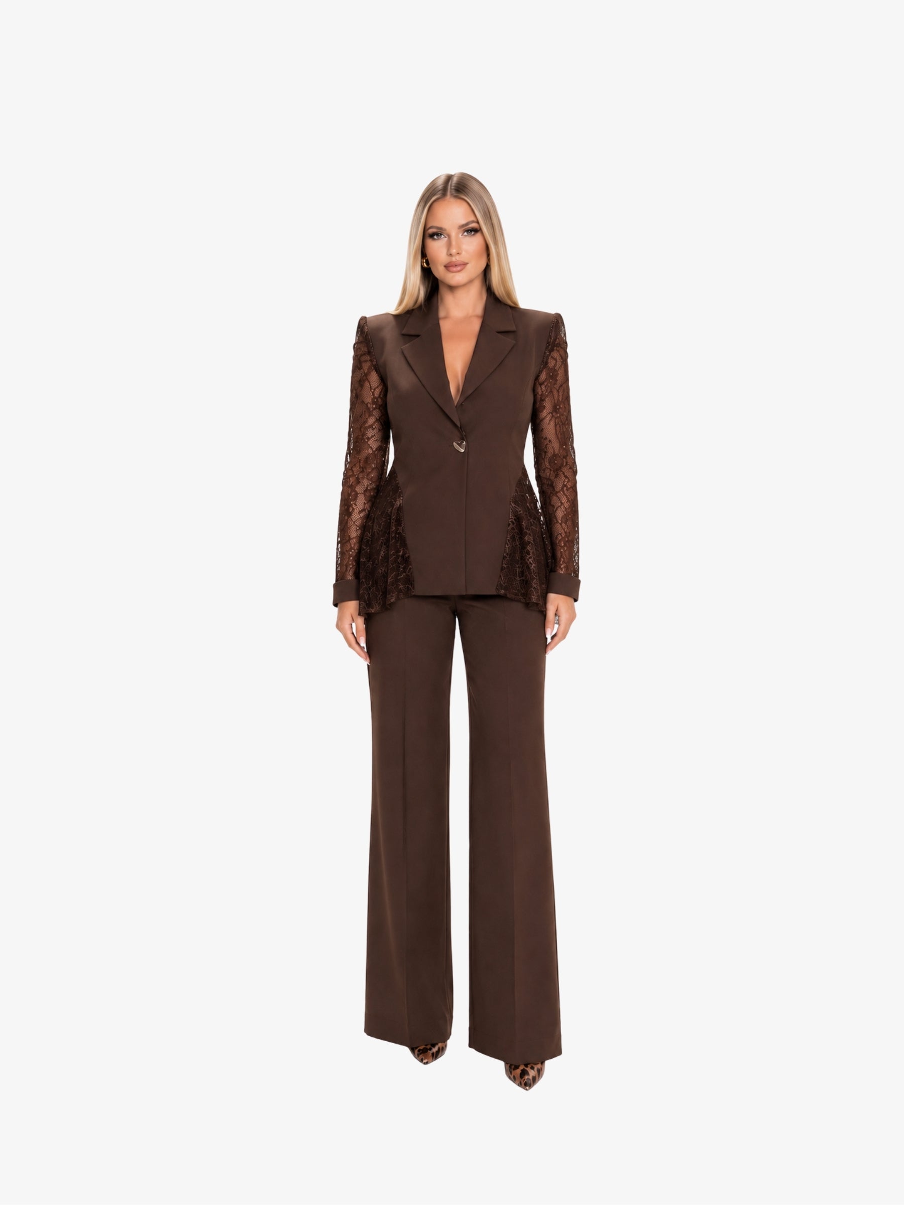 Costum Elegant, cu aplicații din Dantela, Ciocolatiu