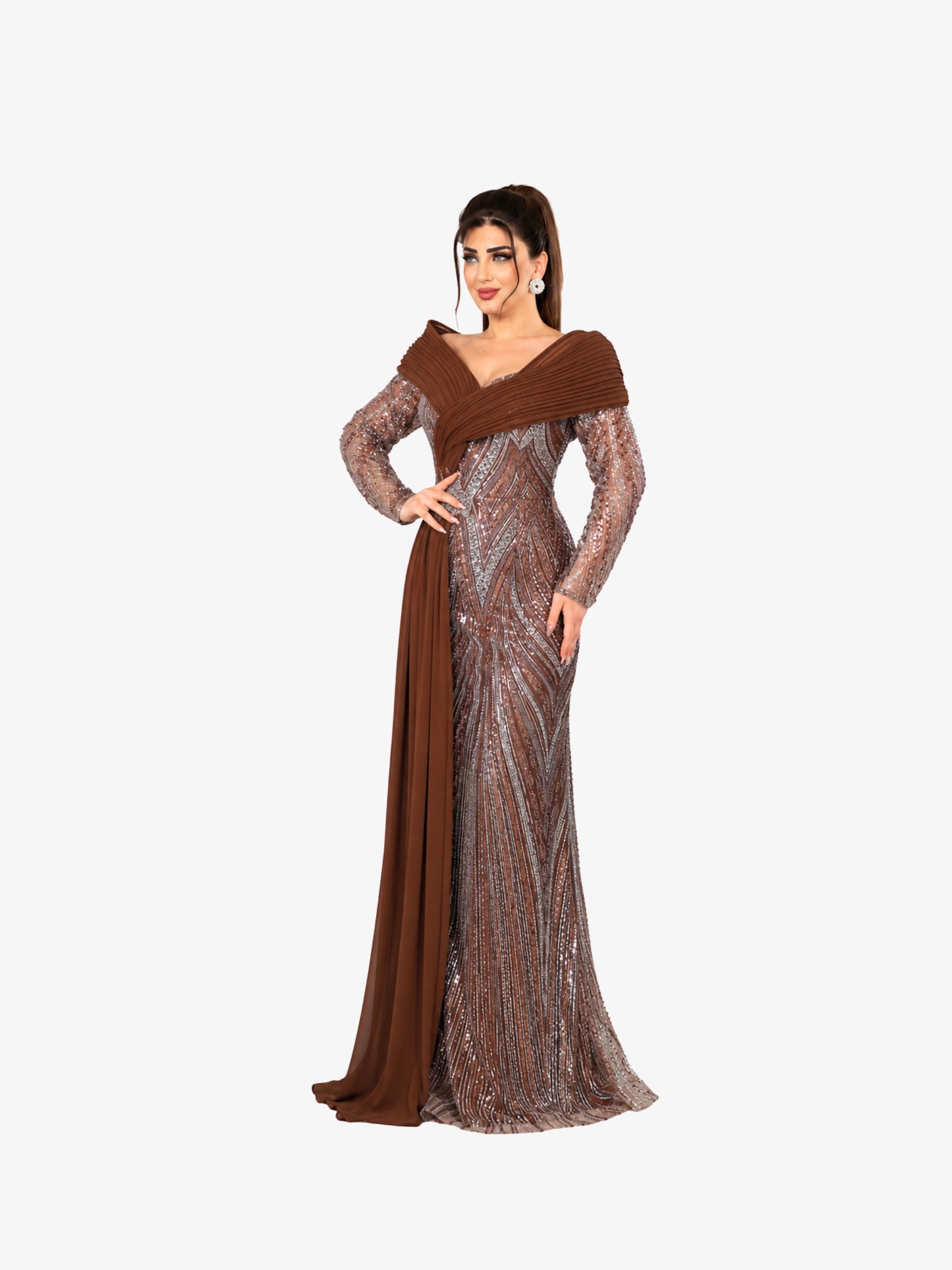 Rochie Lunga cu cristale “Calesta”, Maro