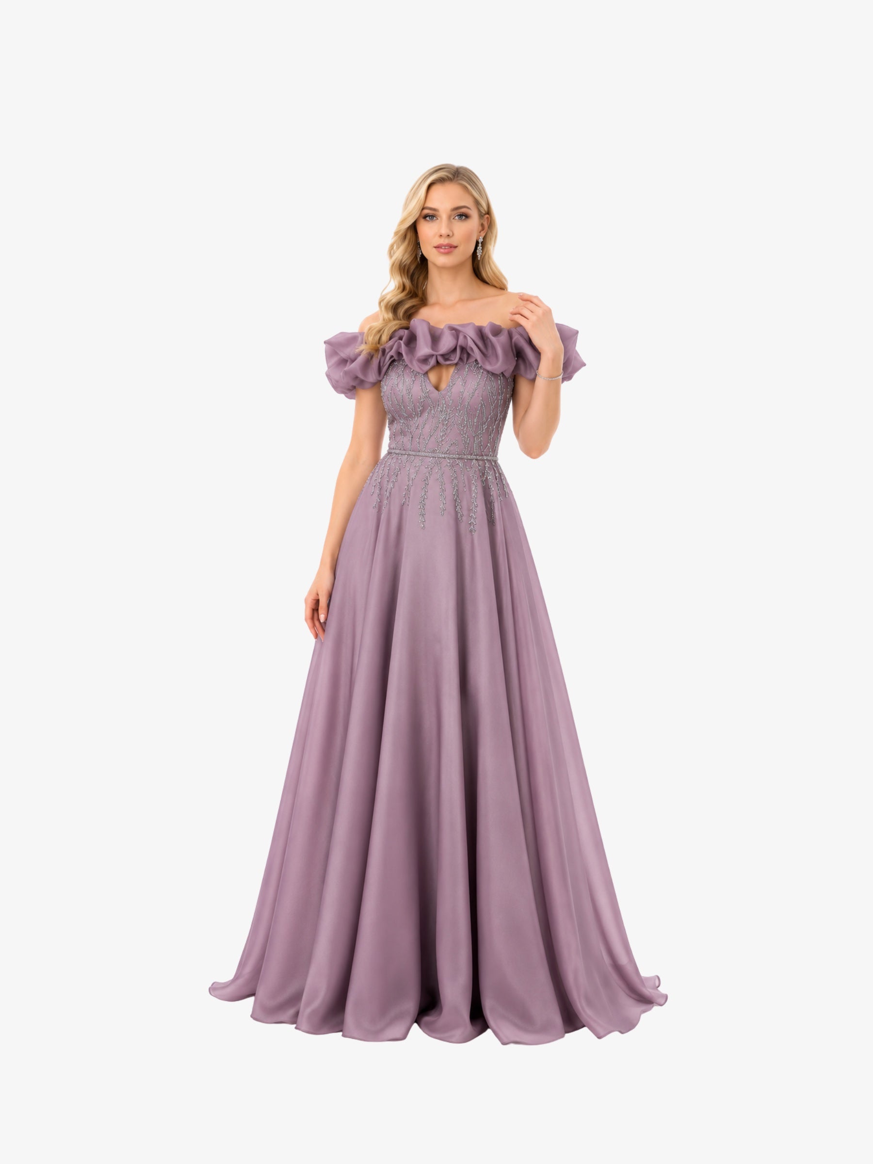 Rochie de seară “Milenna”, cu aplicații strălucitoare și volane pe umeri