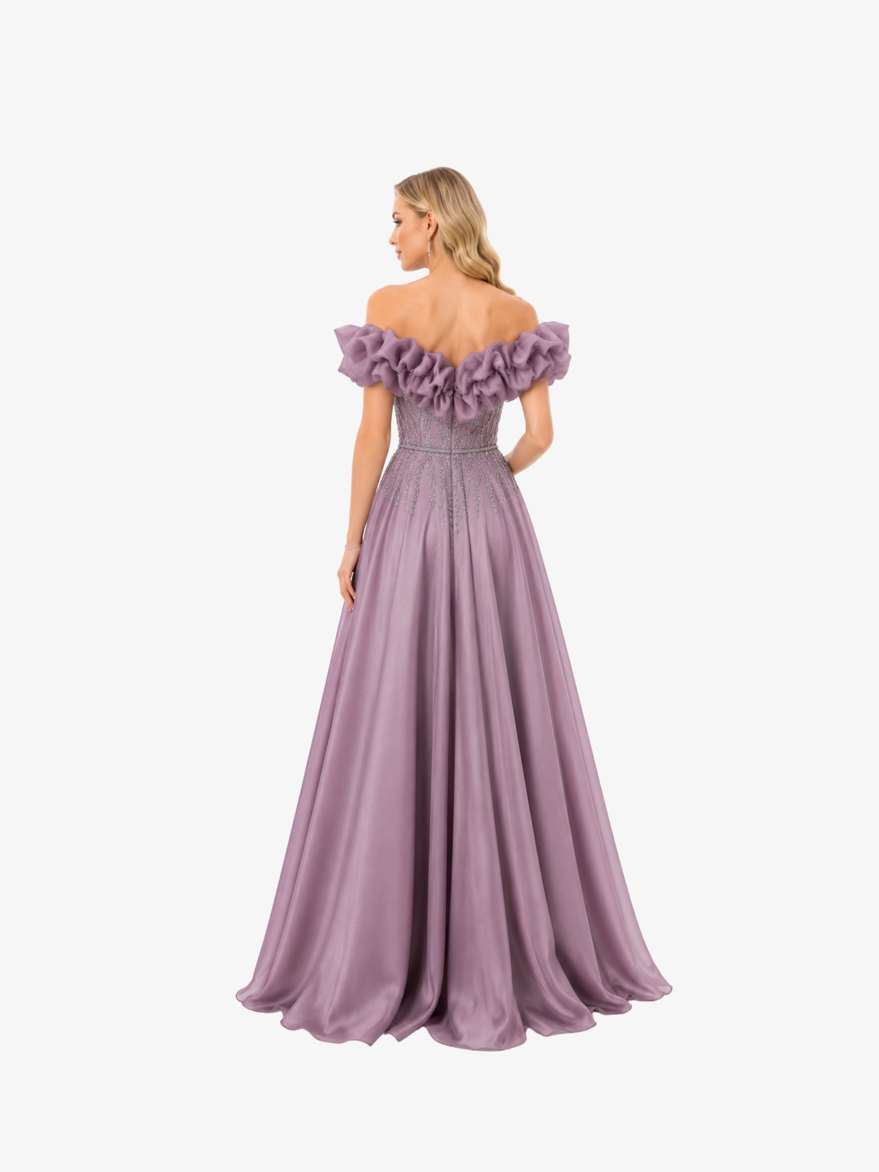 Rochie de seară “Milenna”, cu aplicații strălucitoare și volane pe umeri