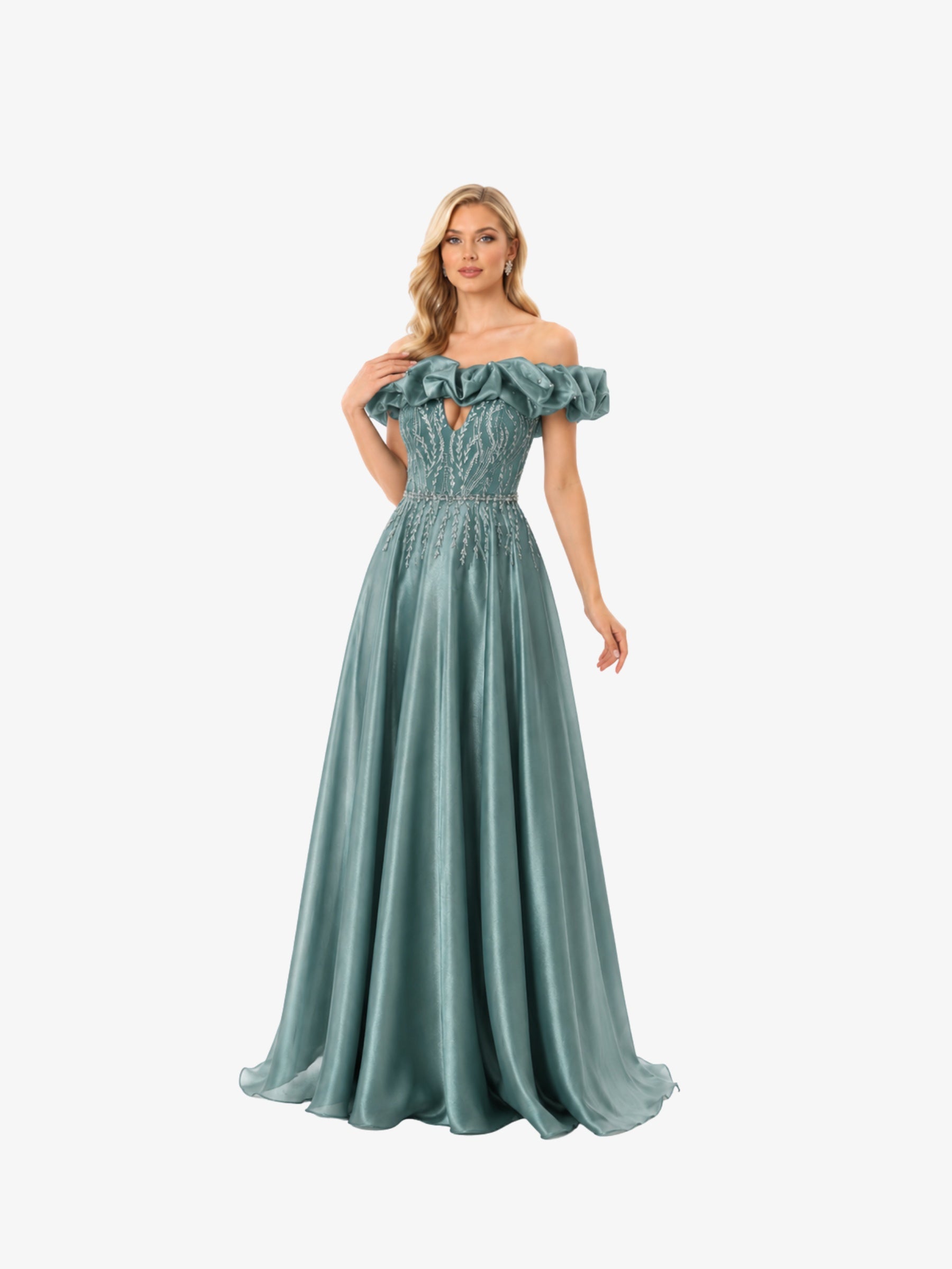Rochie de seară lungă “Milenna”, verde salvie cu aplicații strălucitoare și volane pe umeri