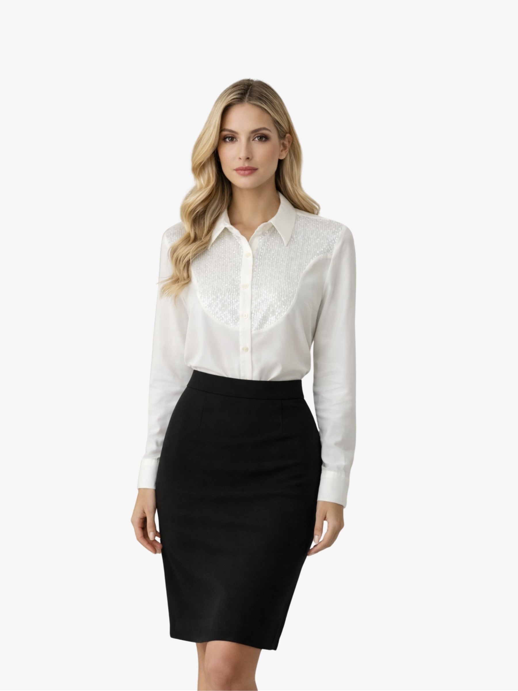 Camașă cu decolteu in V din Bumbac si Paiete "Elly", Alba