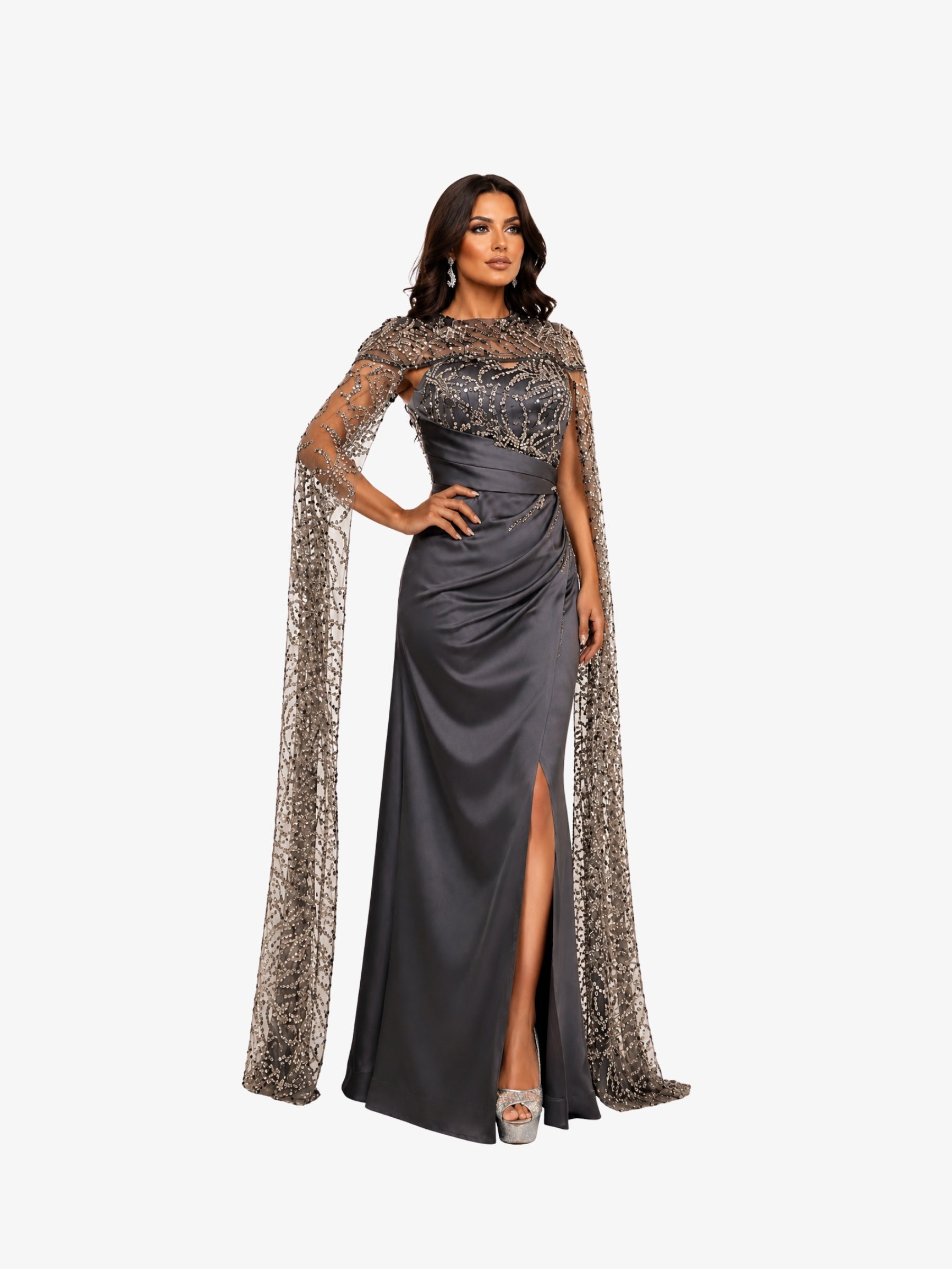 Rochie Lunga “Polina”, Gri cu Capa detasabila