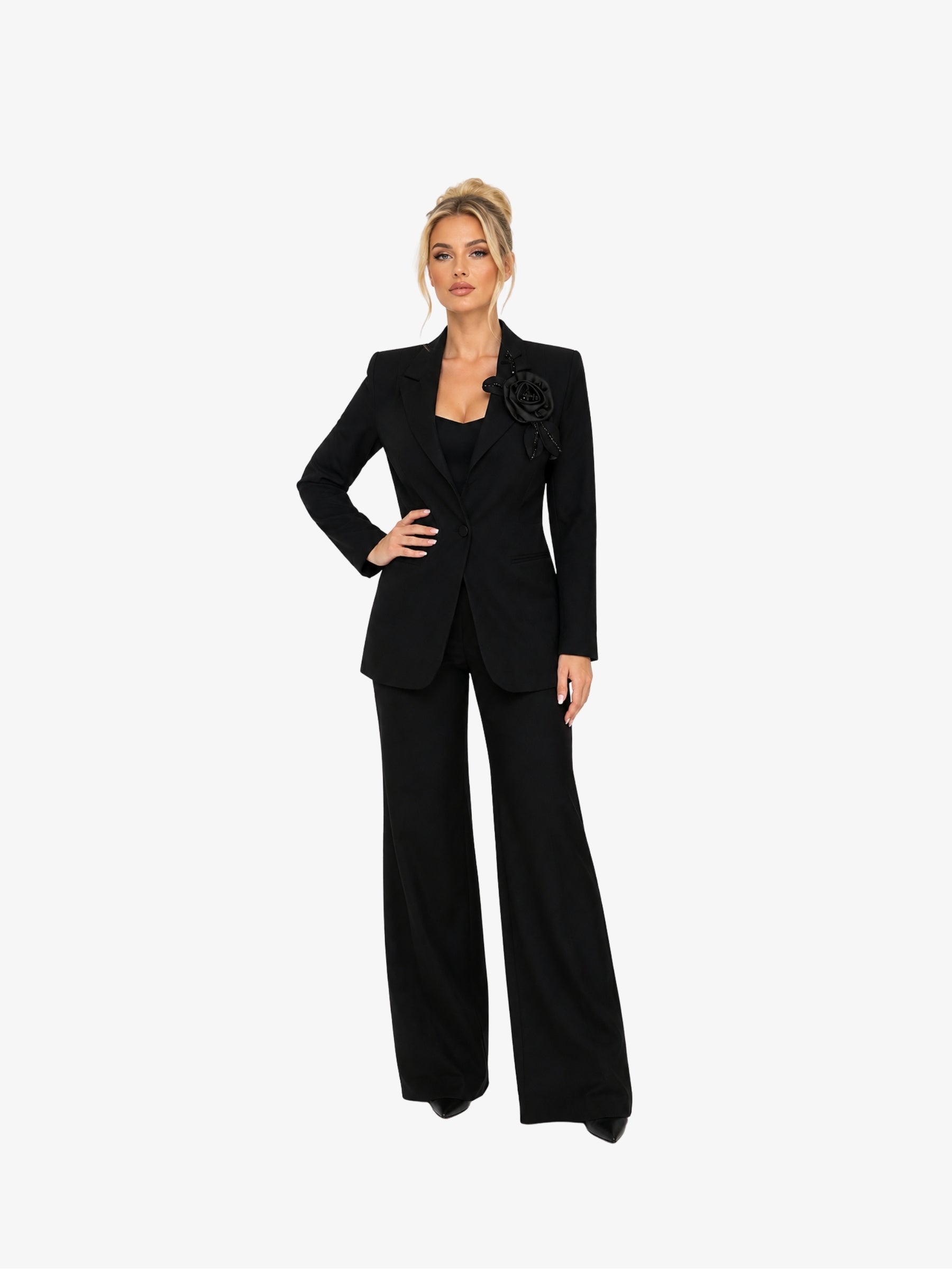 Costum Elegant, cu brosa, Negru
