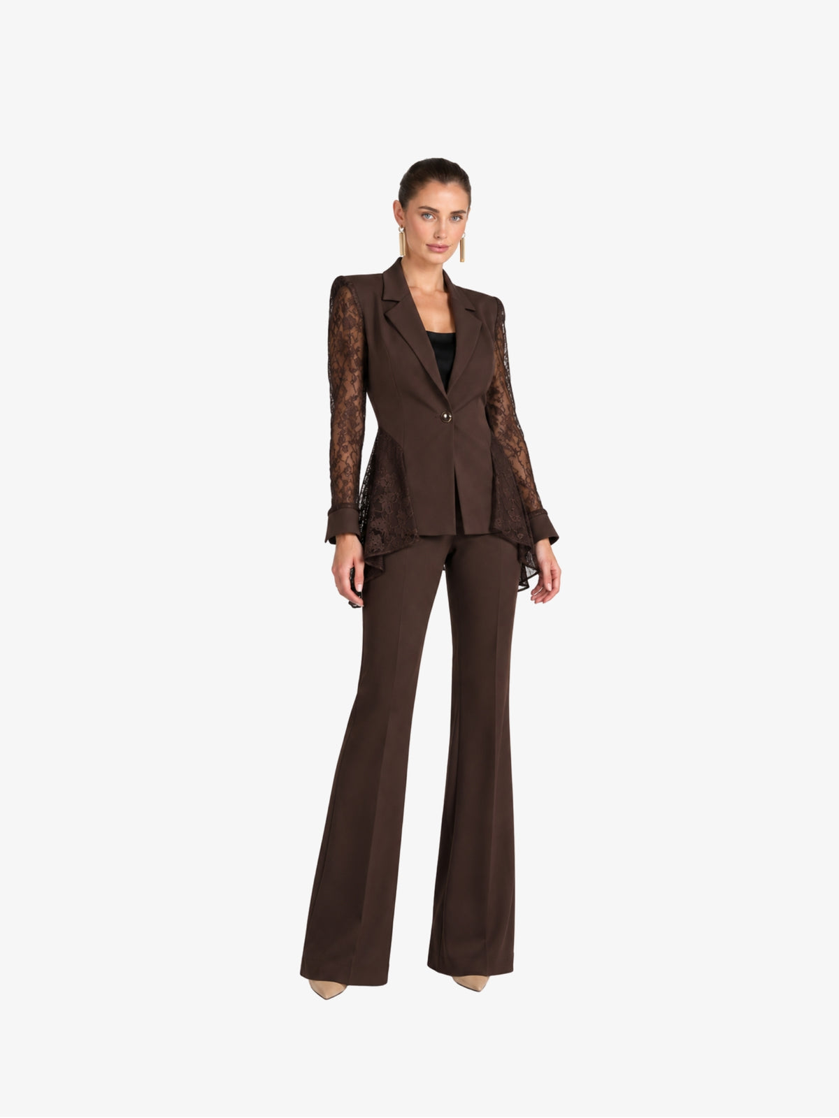 Costum Elegant “Ines” cu aplicații din Dantela, Ciocolatiu