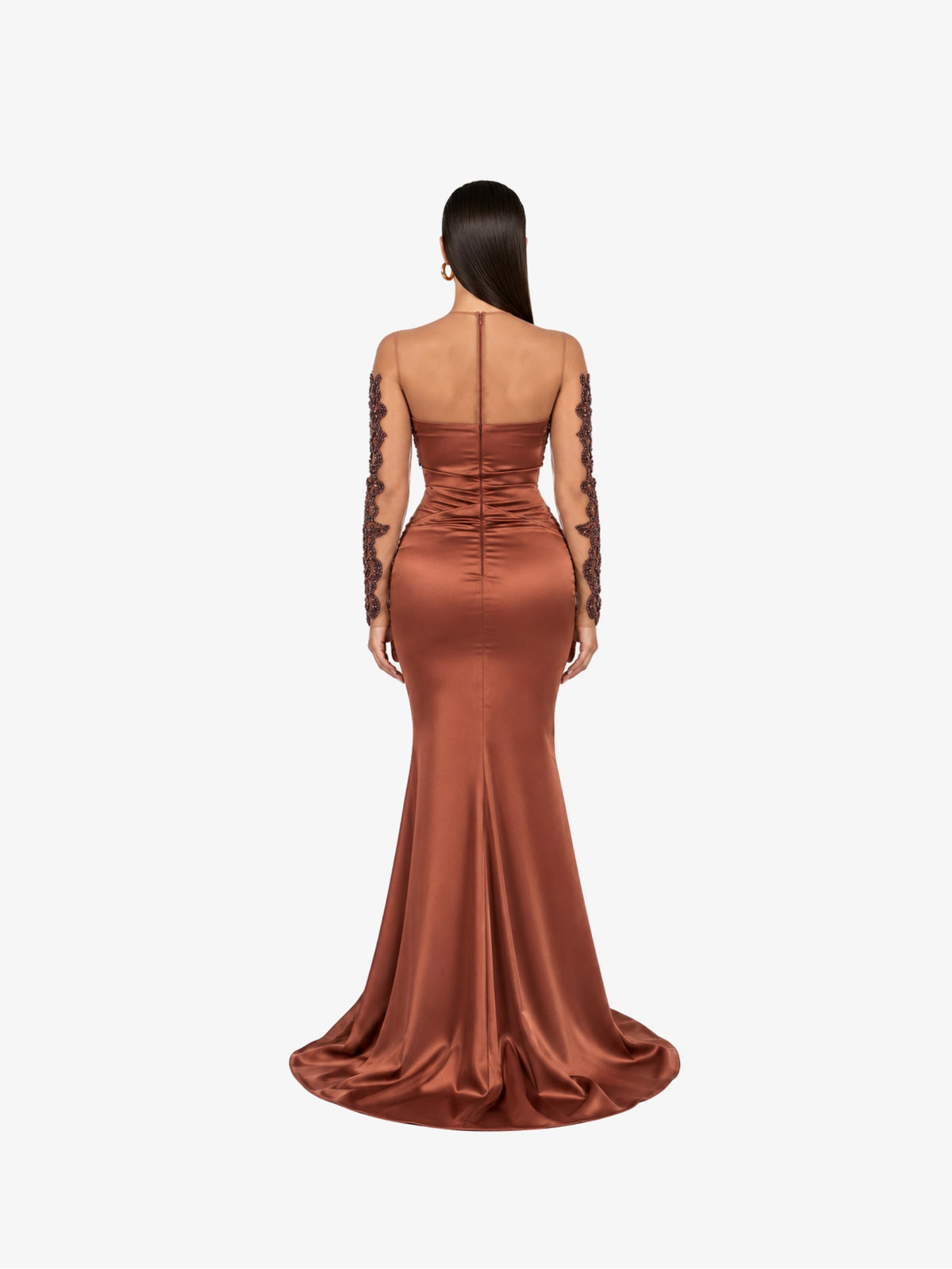 Rochie Eleganta cu dantela si cristale “Azira”, Maro Ciocolatiu