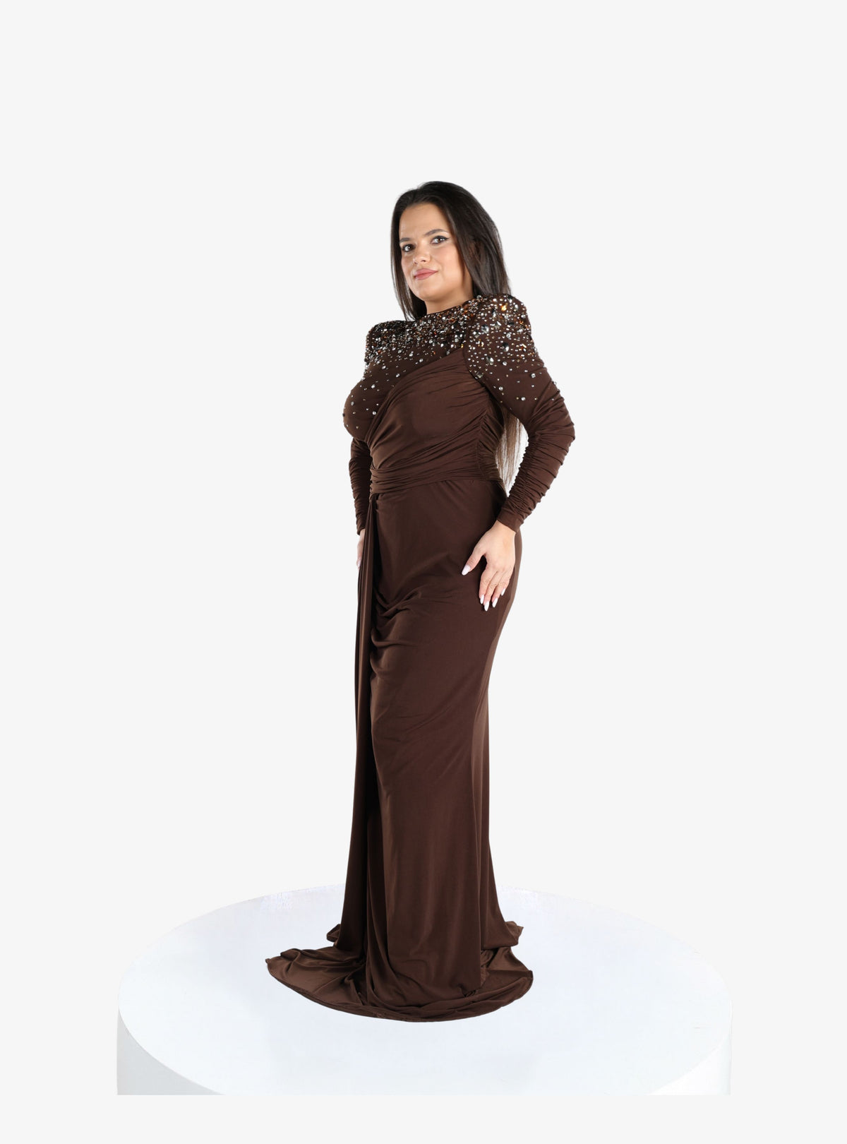 Rochie Eleganta cu Cristale “Noelia”, Maro Ciocolatiu