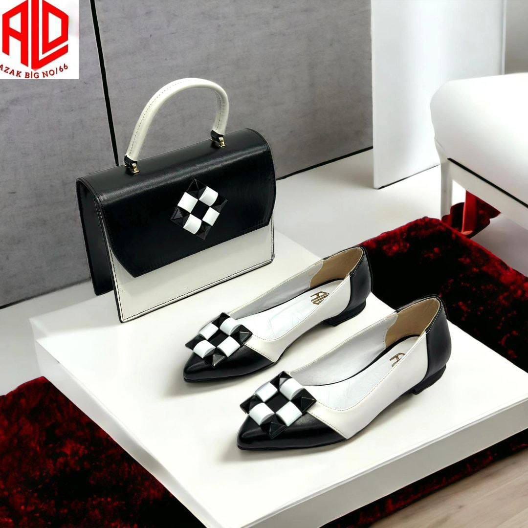 Set Pantofi si Geanta "Tania", Alb-Negru