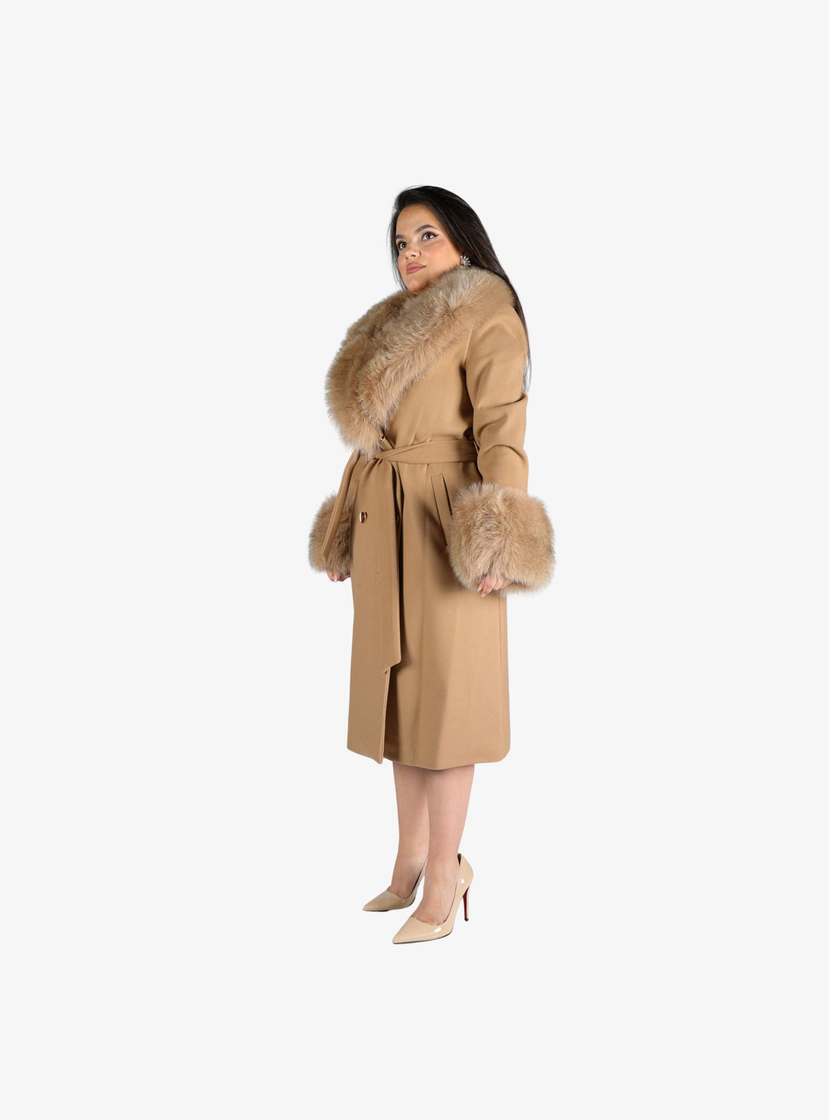 Palton lung din lana Naturala accesorizat cu Blana Naturala de Vulpe, Camel