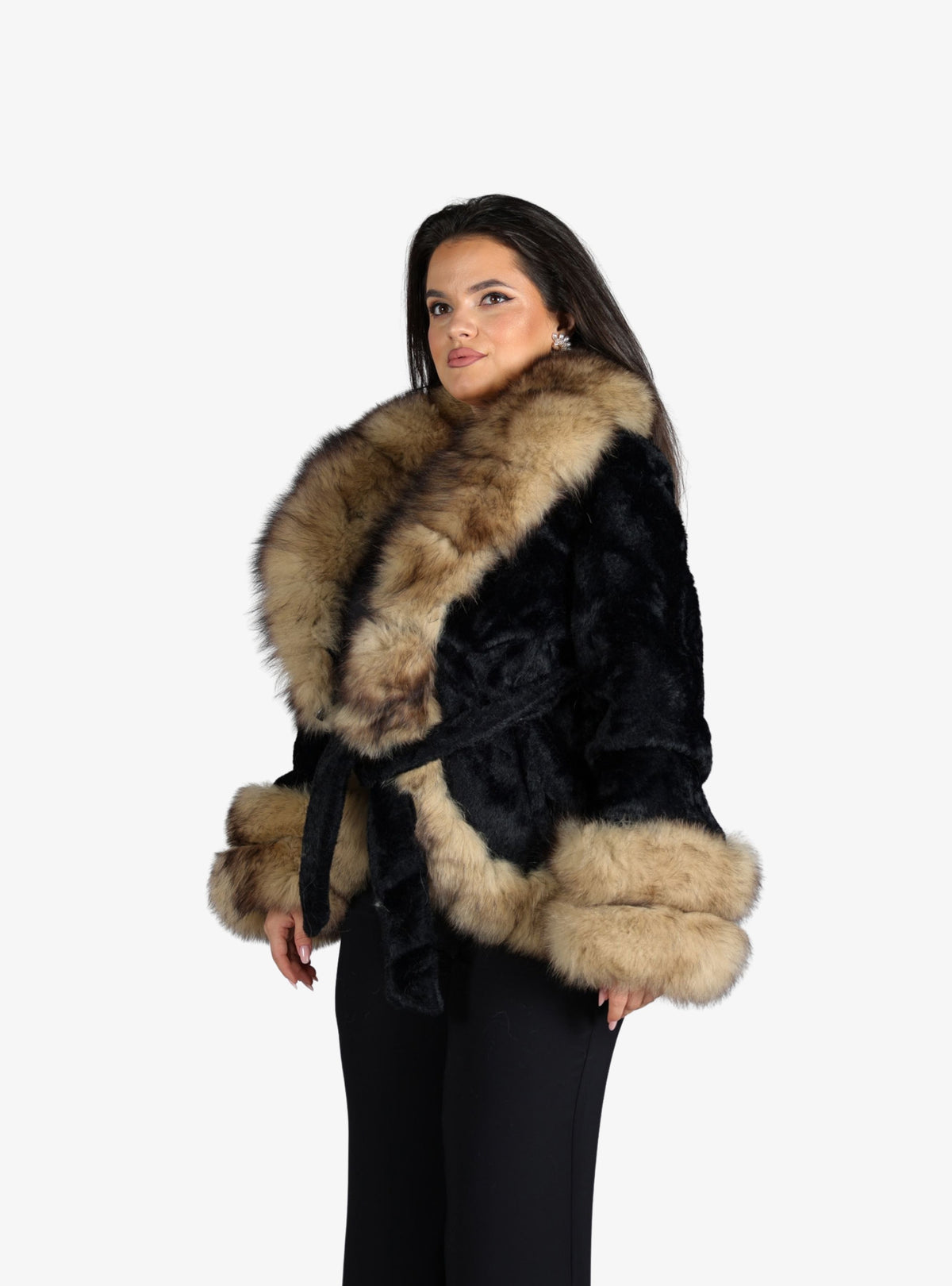 Haina din Blana Alcantara, accesorizata cu Blana de Vulpe, Negru Cappuccino