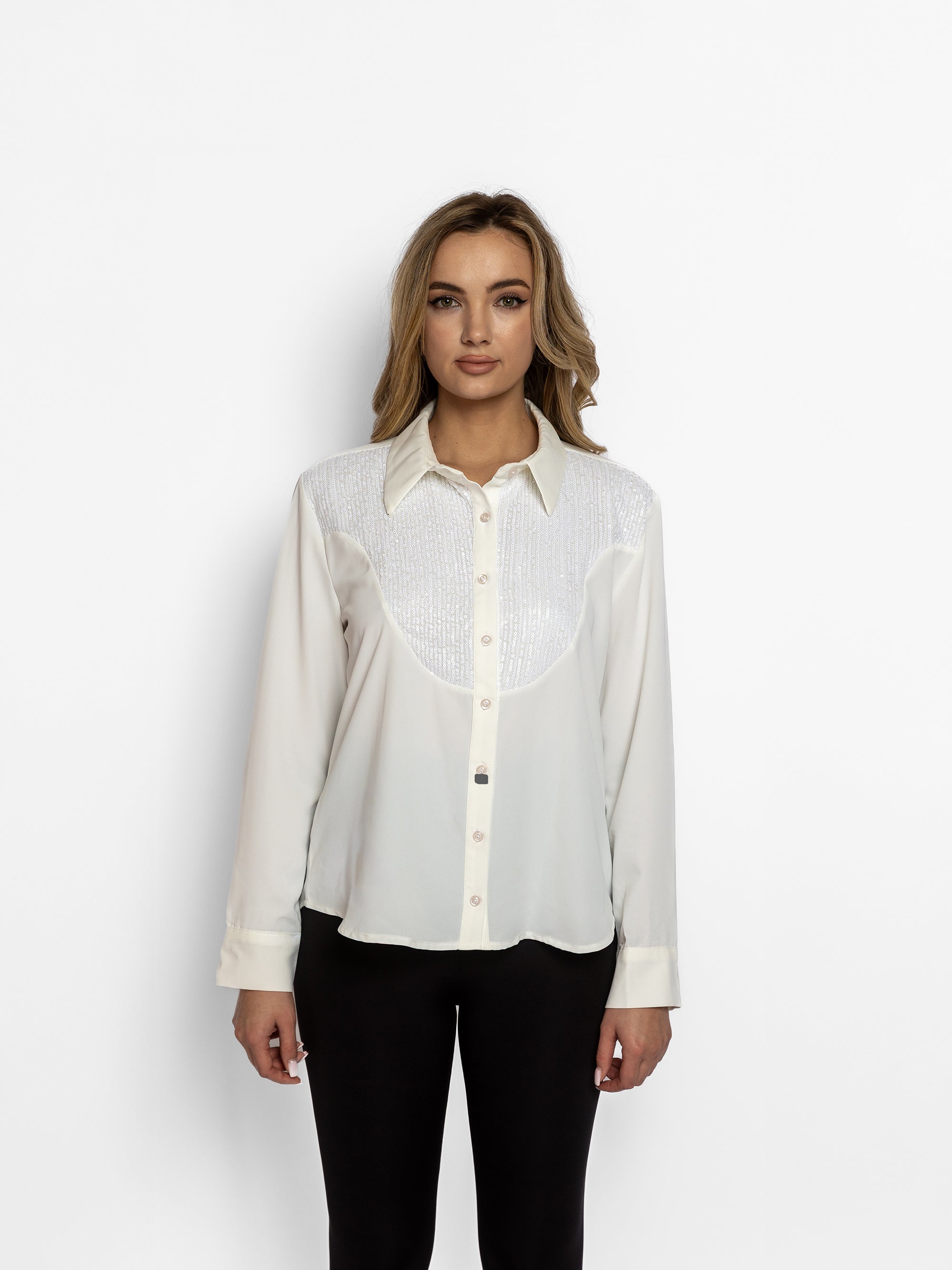 Camașă cu decolteu in V din Bumbac si Paiete "Elly", Alba