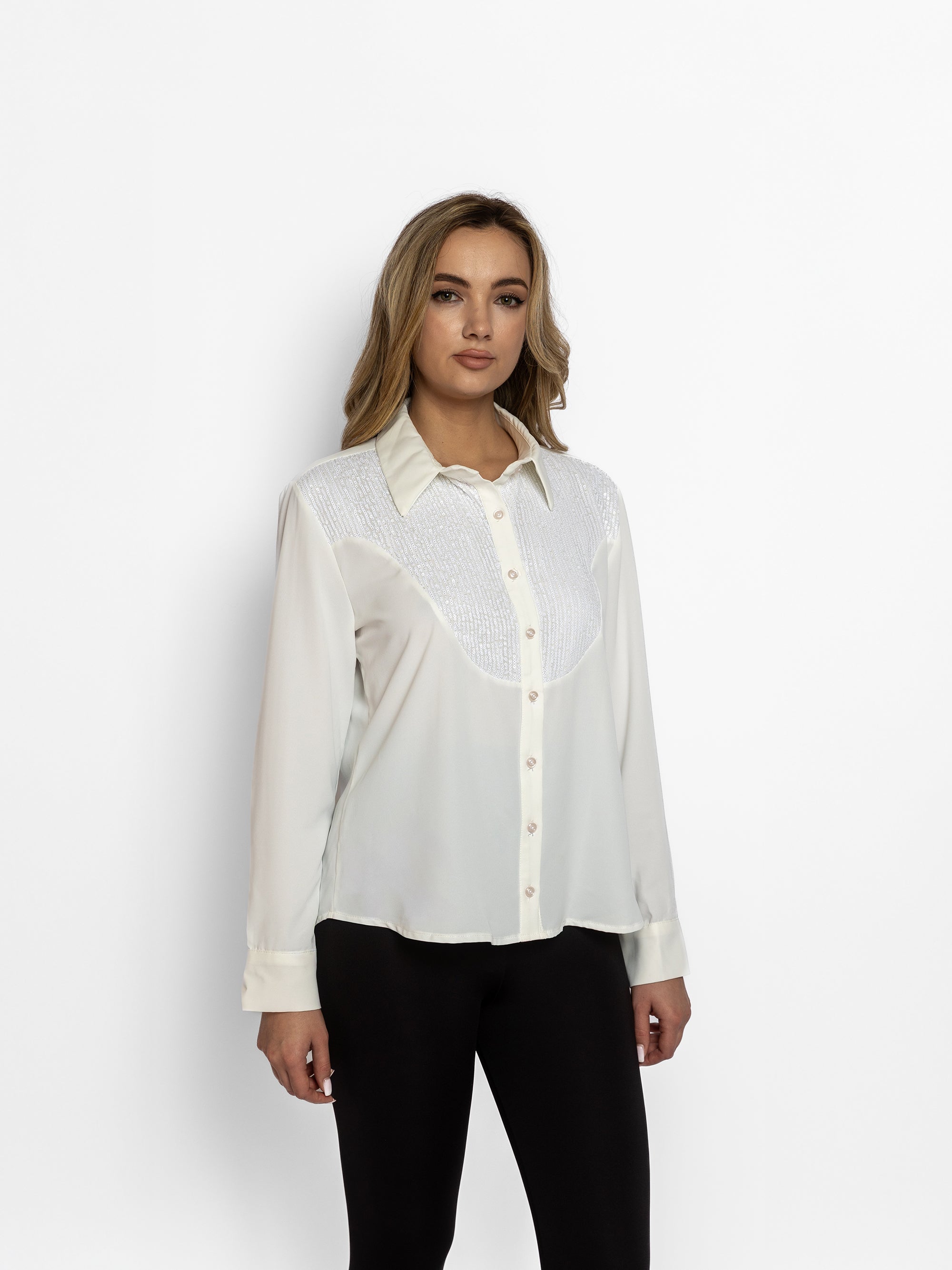 Camașă cu decolteu in V din Bumbac si Paiete "Elly", Alba