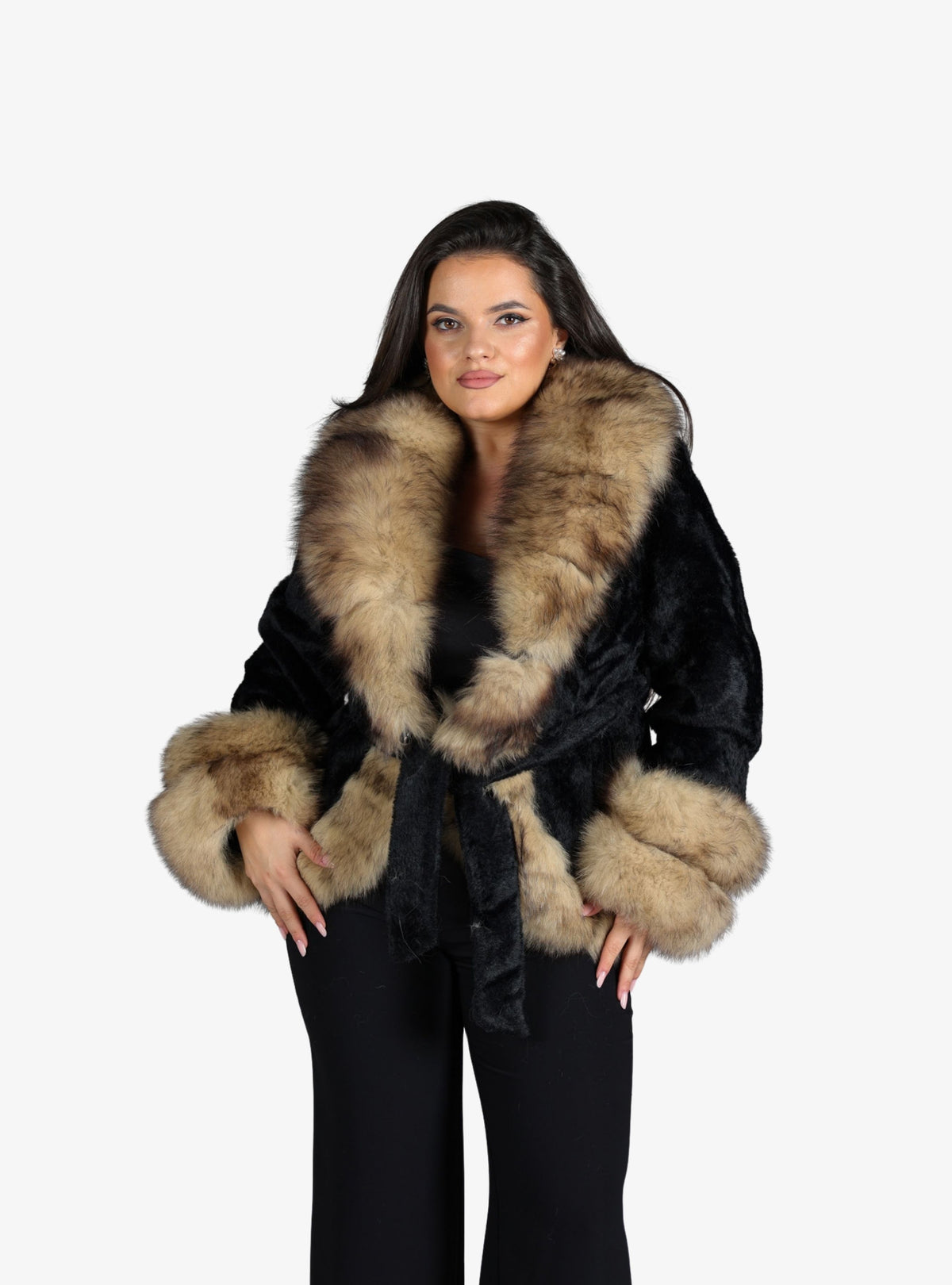 Haina din Blana Alcantara, accesorizata cu Blana de Vulpe, Negru Cappuccino