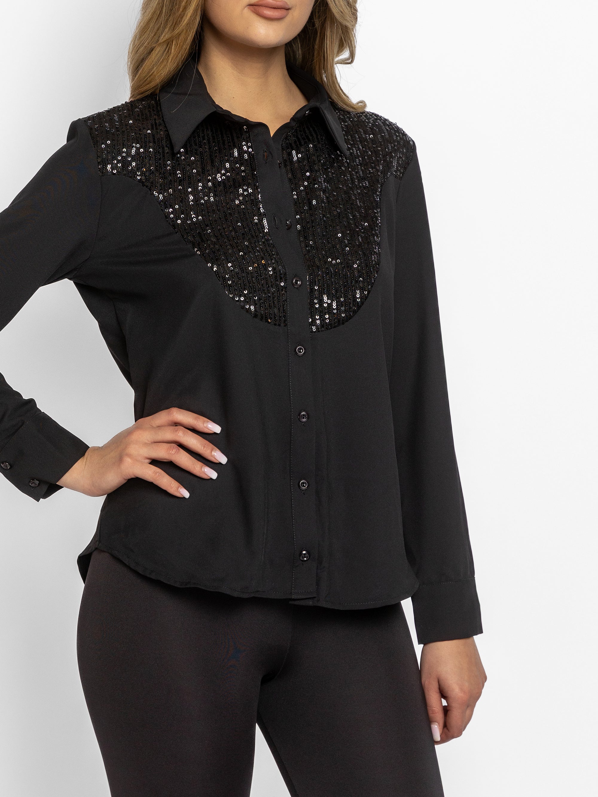 Camașă cu decolteu in V din Bumbac si Paiete "Elly", Neagra