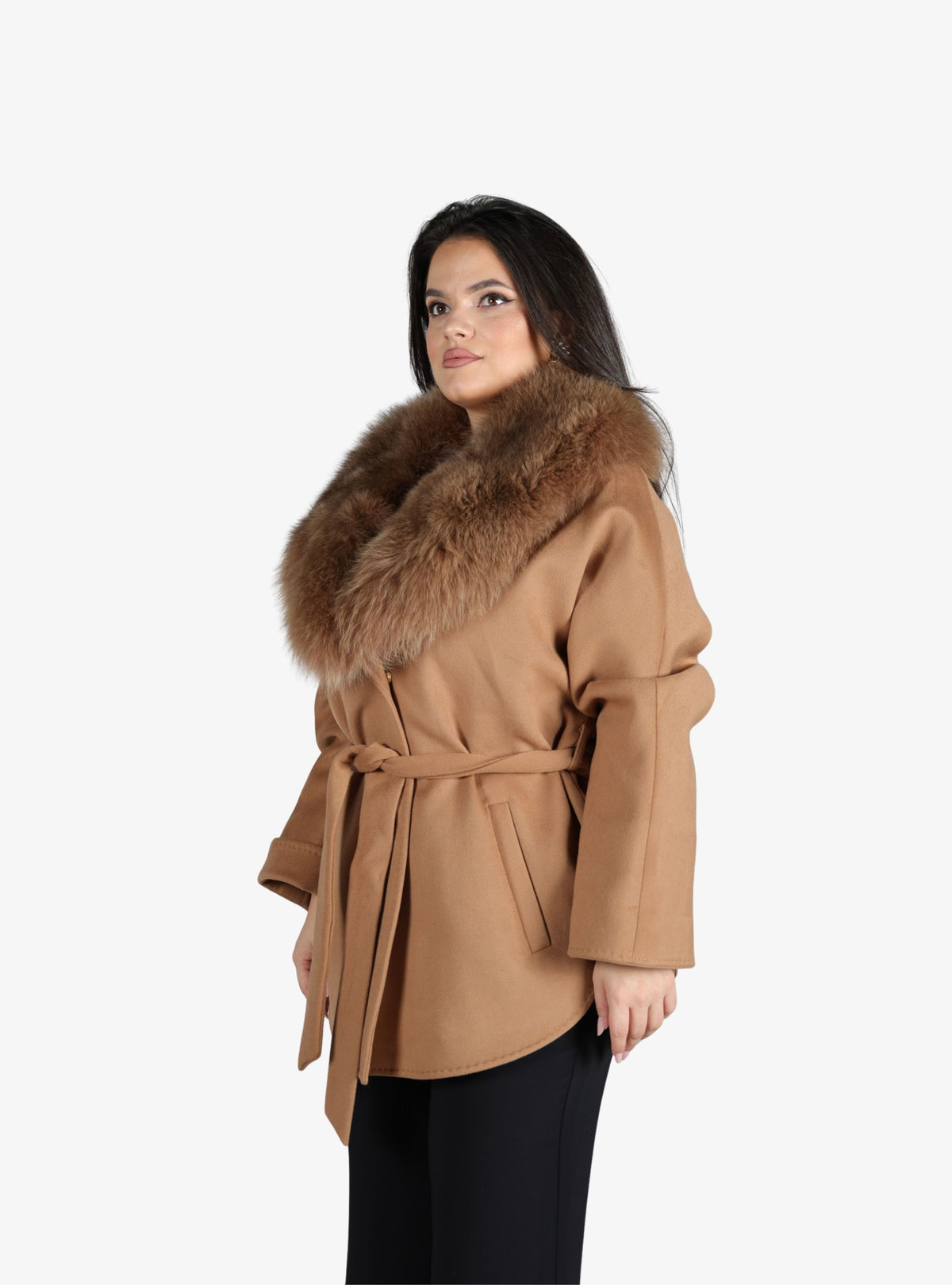 Haina din Casmir cu Blana de Vulpe Naturala, Camel