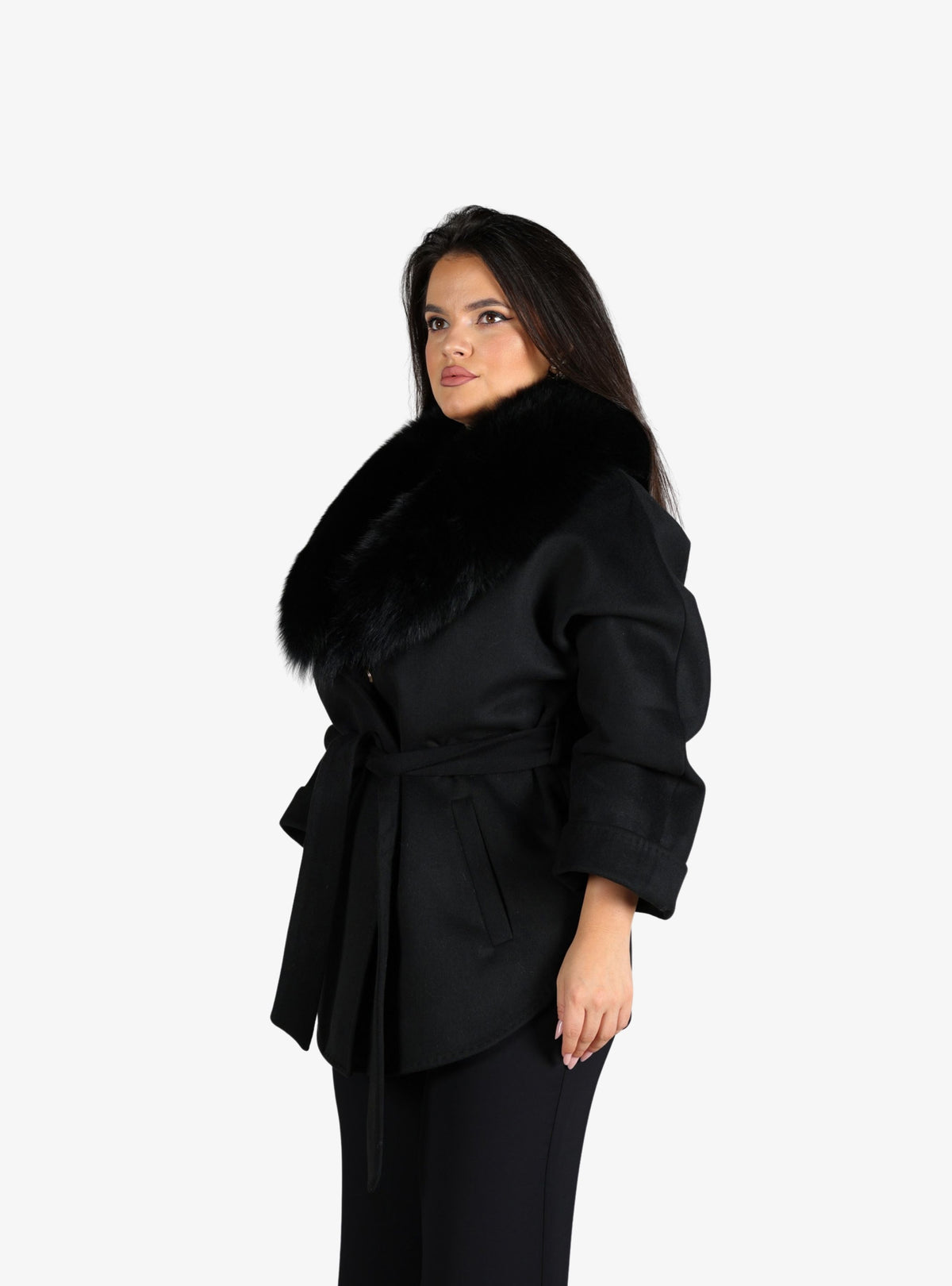 Haina din Casmir cu Blana de Vulpe Naturala, Negru Abanos