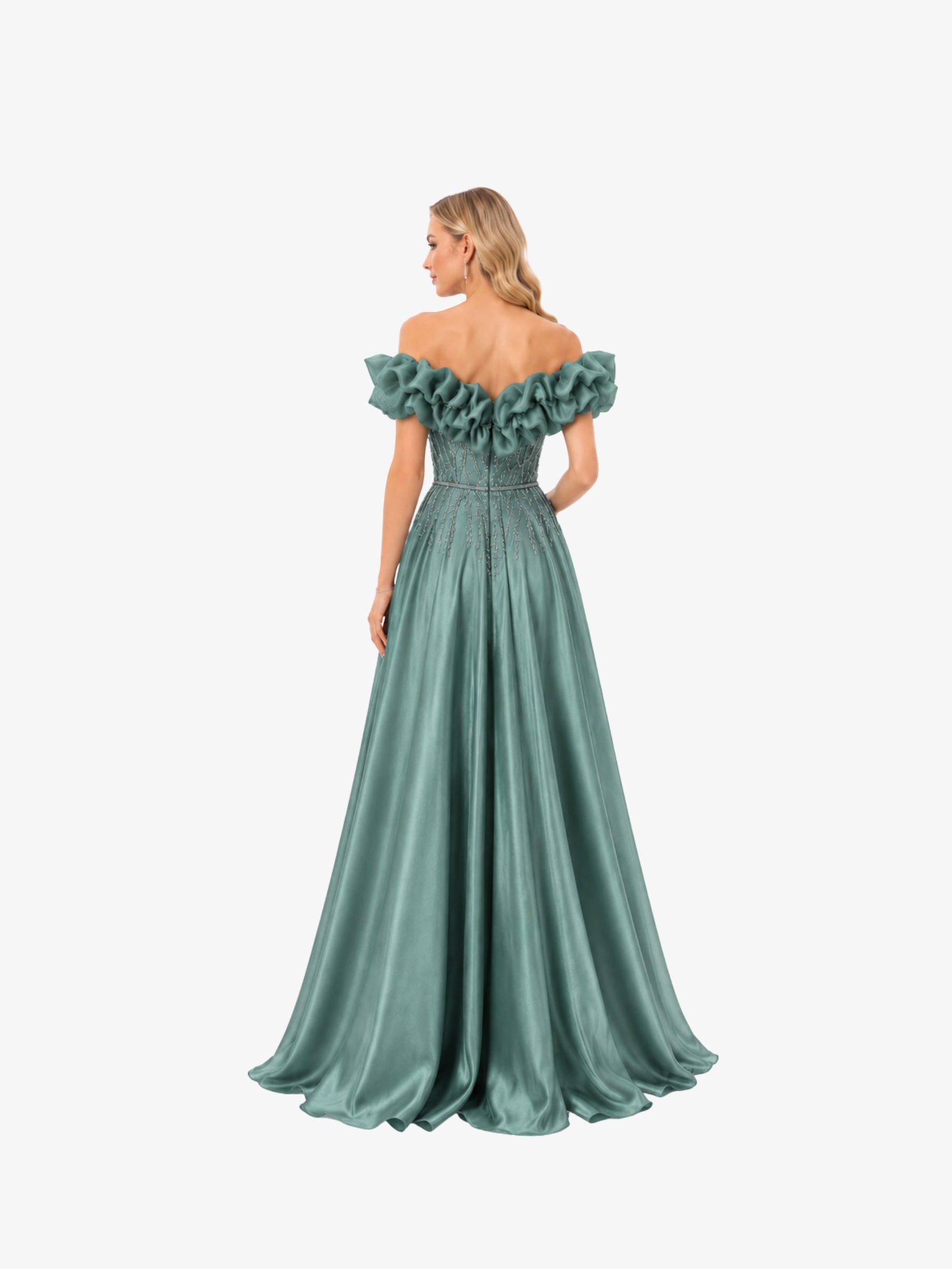 Rochie de seară lungă “Milenna”, verde salvie cu aplicații strălucitoare și volane pe umeri