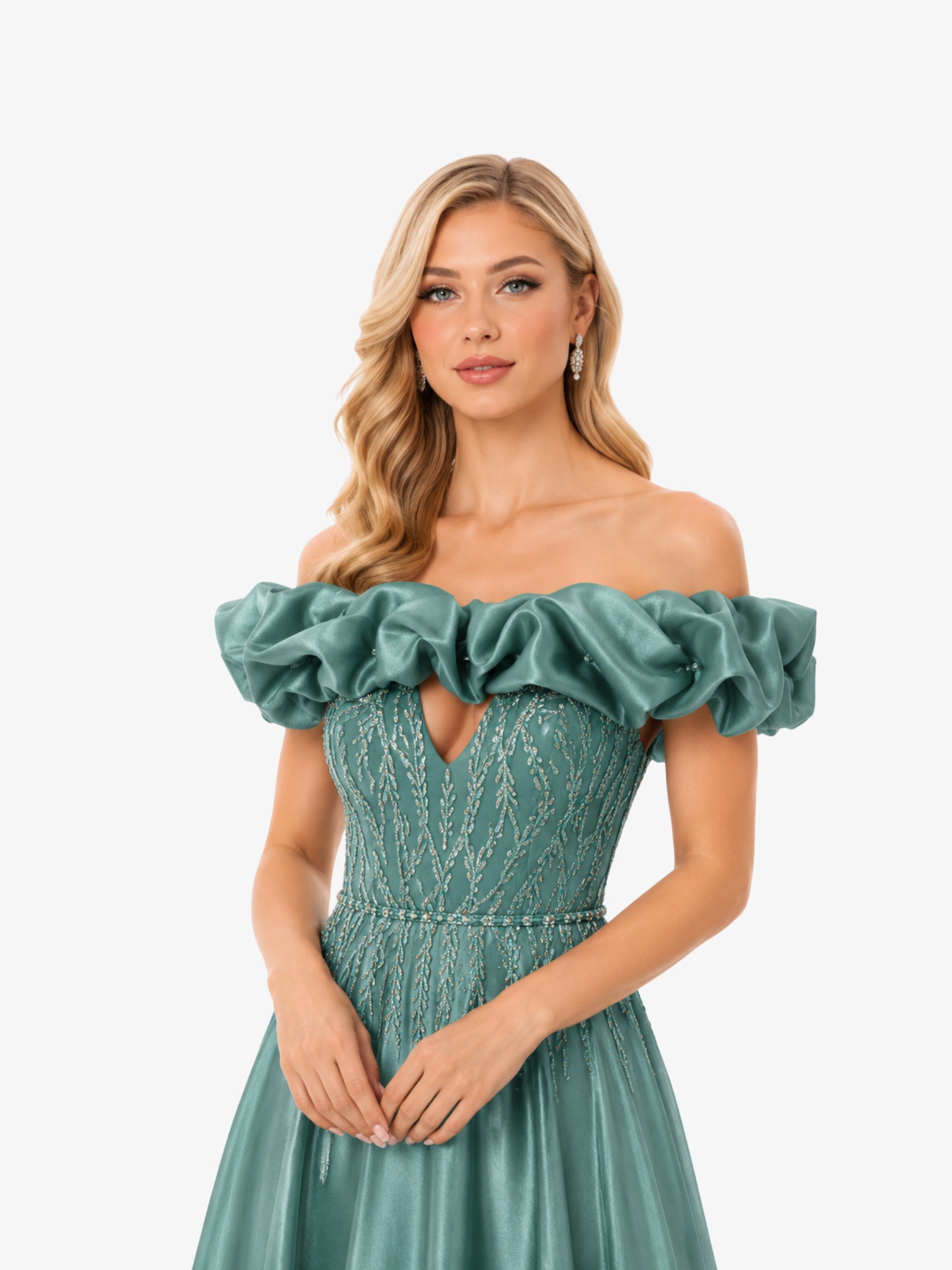 Rochie de seară lungă “Milenna”, verde salvie cu aplicații strălucitoare și volane pe umeri