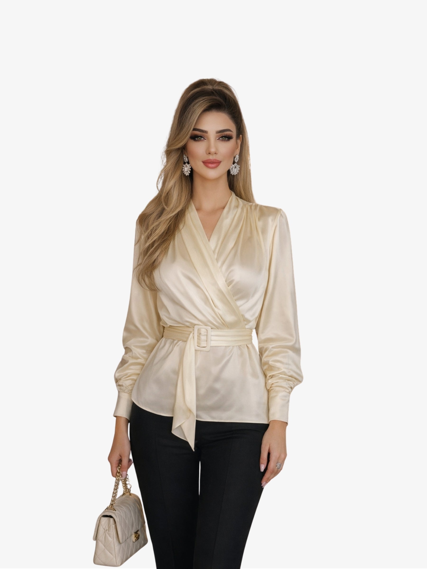 Bluza din Satin si Bumbac "Eveline", Alb Prafuit