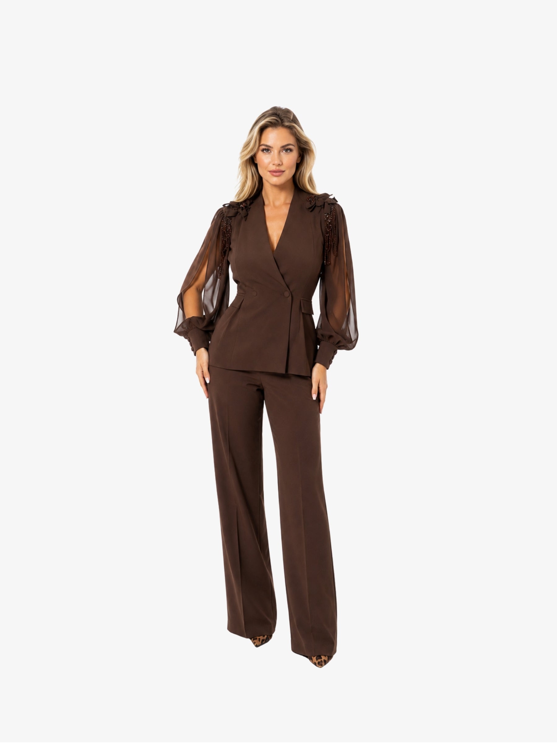 Costum Elegant, cu maneci vaporoase, Ciocolatiu