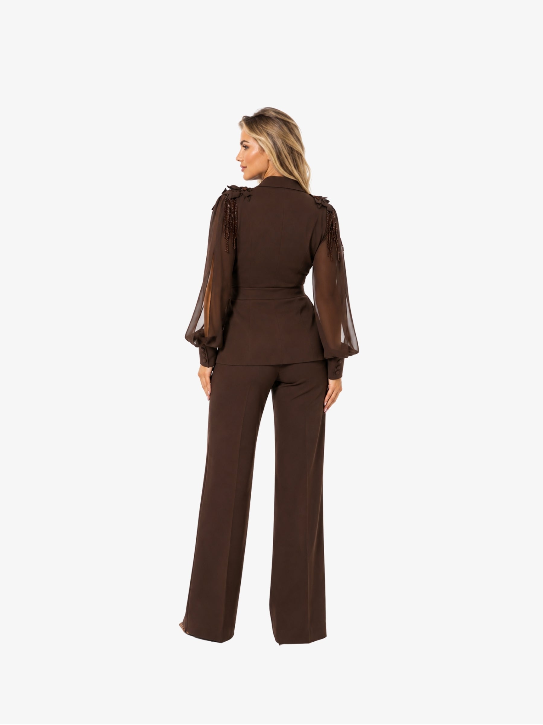 Costum Elegant, cu maneci vaporoase, Ciocolatiu