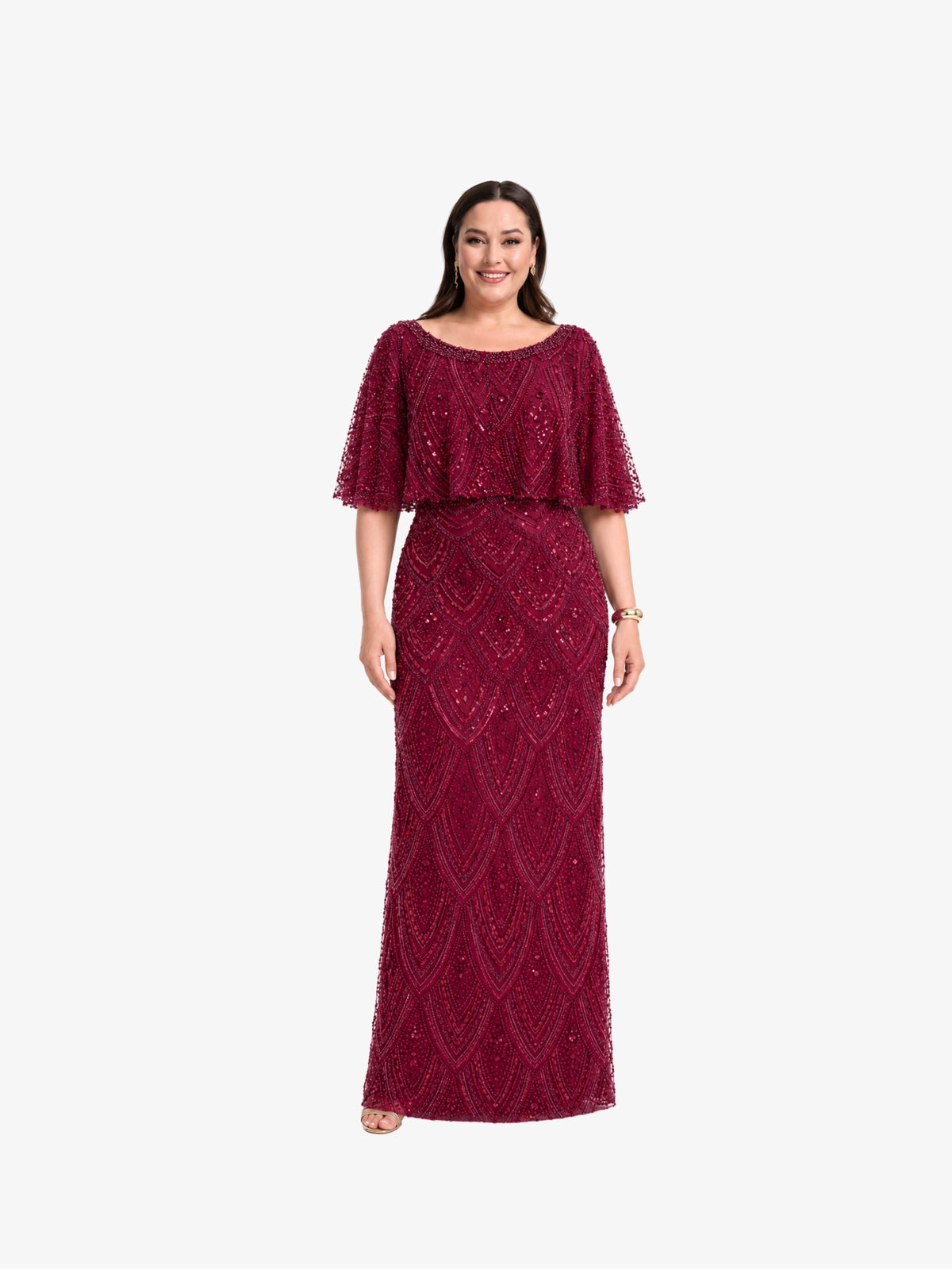 Rochie Lunga Plus Size “Rivoli” cu pietre, Burgundy