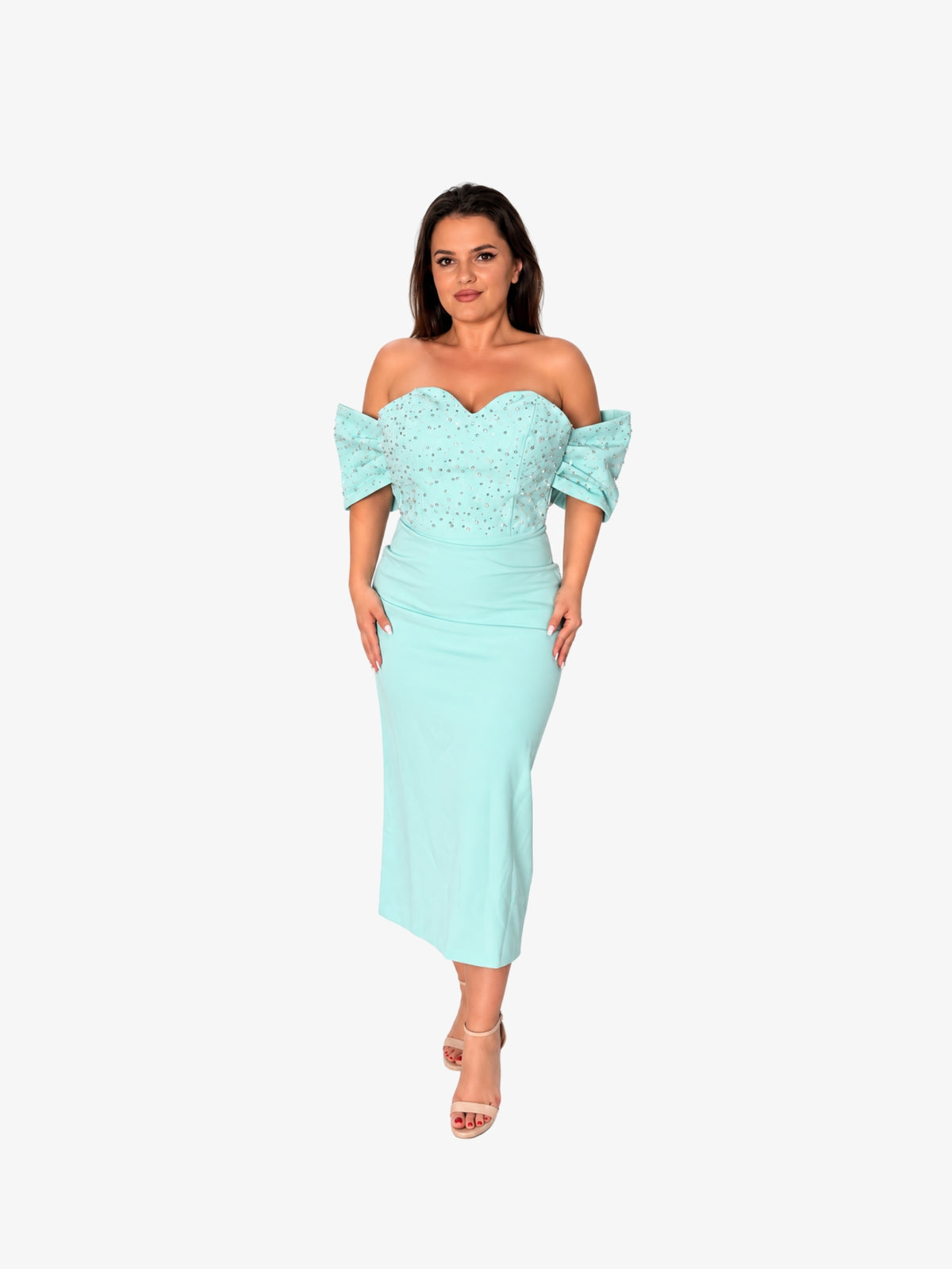 Rochie Midi cu perle “Jasmine”, Aqua