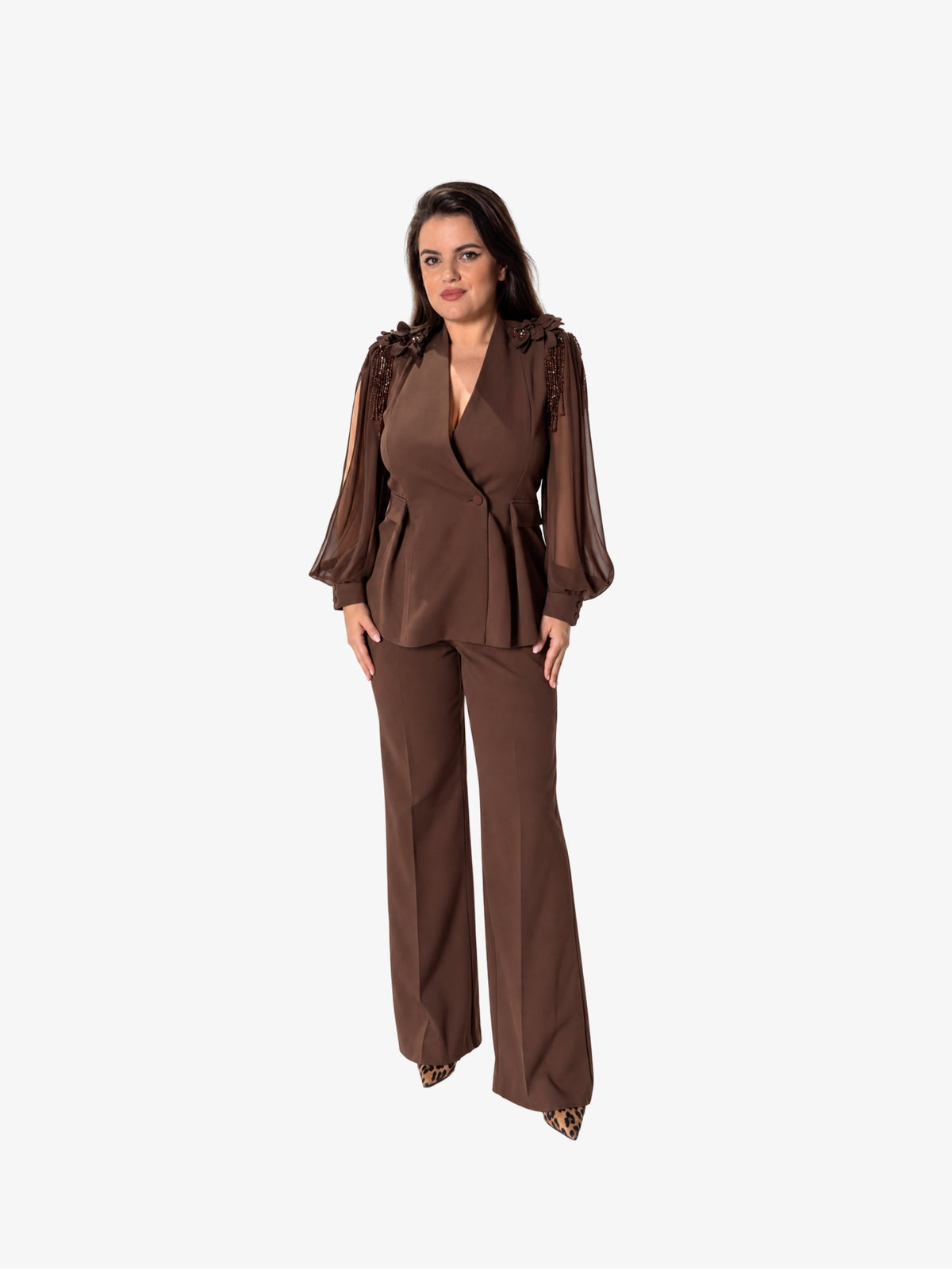 Costum Elegant “Casilda” cu maneci vaporoase, Ciocolatiu