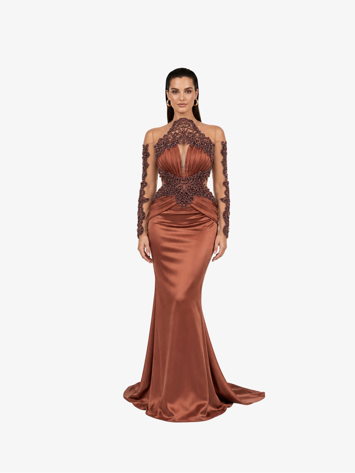 Rochie Eleganta cu dantela si cristale “Azira”, Maro Ciocolatiu