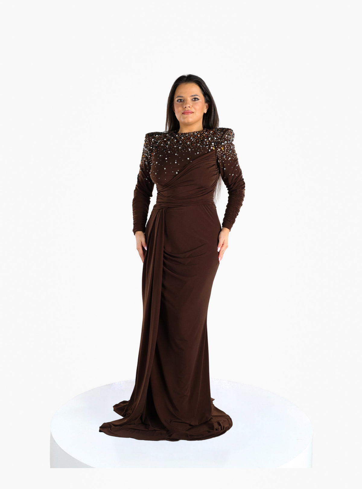 Rochie Eleganta cu Cristale “Noelia”, Maro Ciocolatiu
