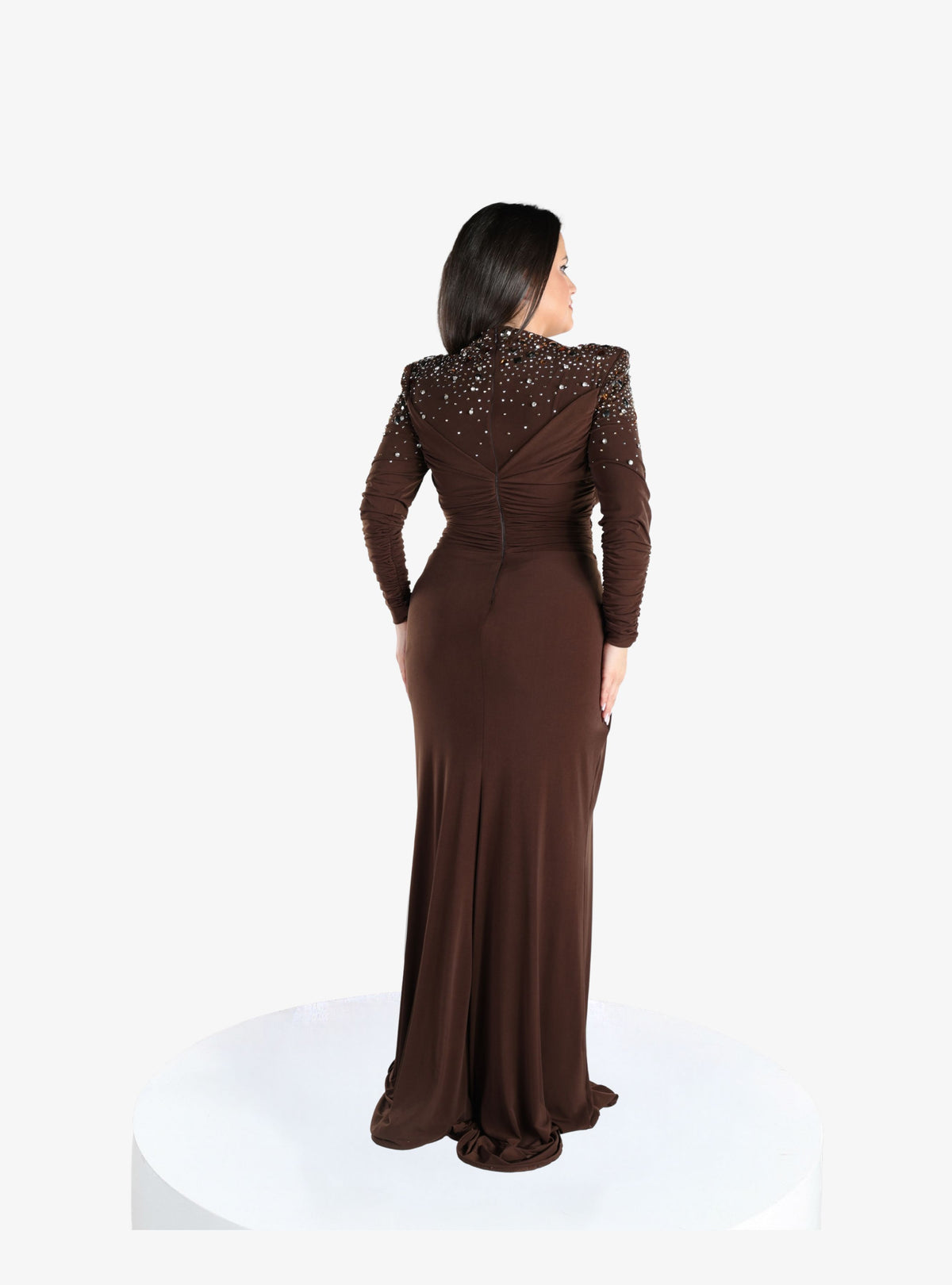Rochie Eleganta cu Cristale “Noelia”, Maro Ciocolatiu