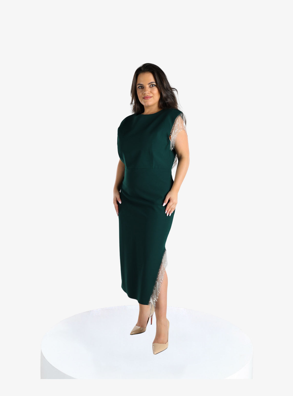 Rochie Midi Plus Size cu Cristale “Natasha”, Verde