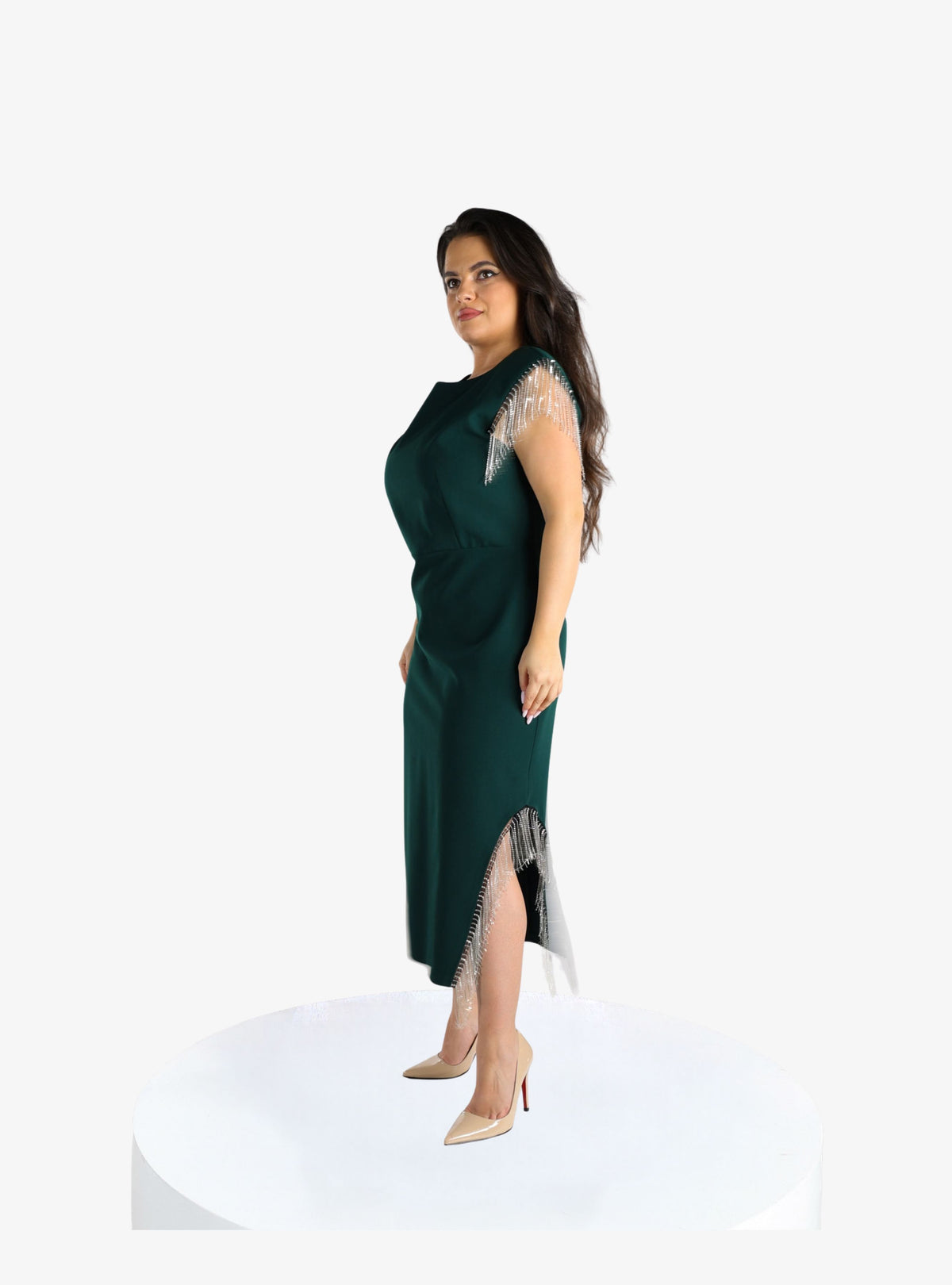 Rochie Midi Plus Size cu Cristale “Natasha”, Verde