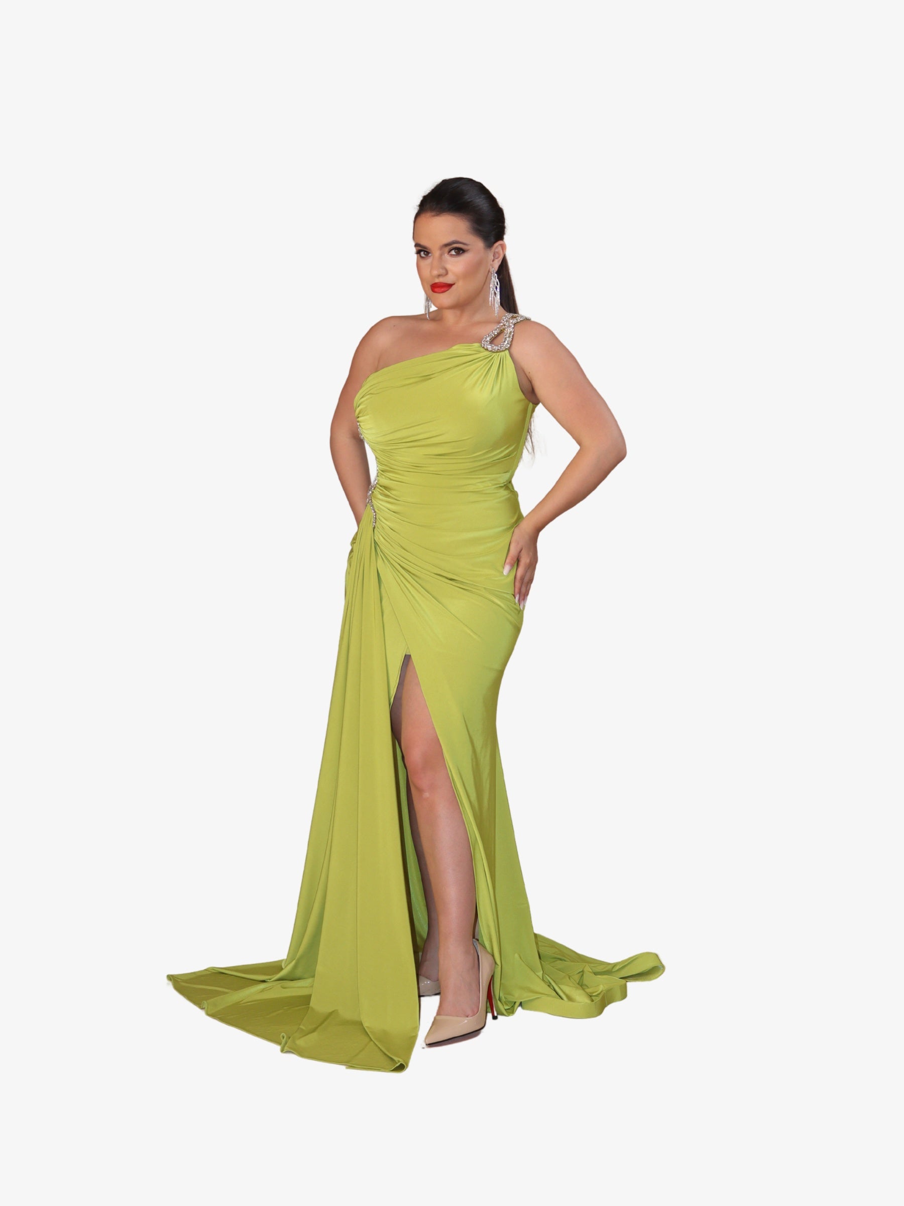 Rochie cu Trena Laterala "Graciella", Verde Fistic